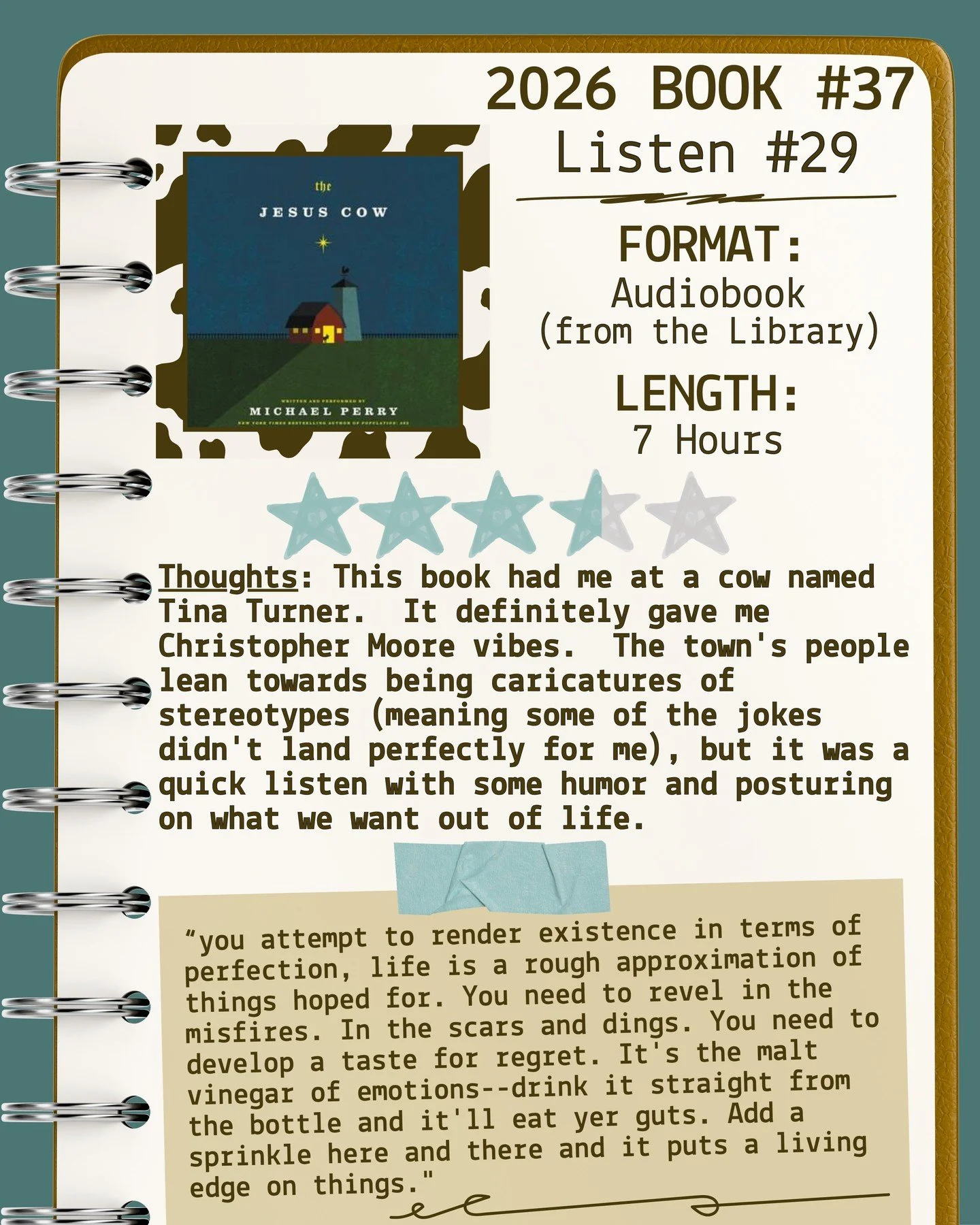 2026 🎧Listen 29/Book 37 - The Jesus Cow by Michael Perry ⭐️⭐️⭐️&amp; a half

#readallthebooks #omneslibroslegimus #shelfindulgencebookclub #booklover #readmorebooks