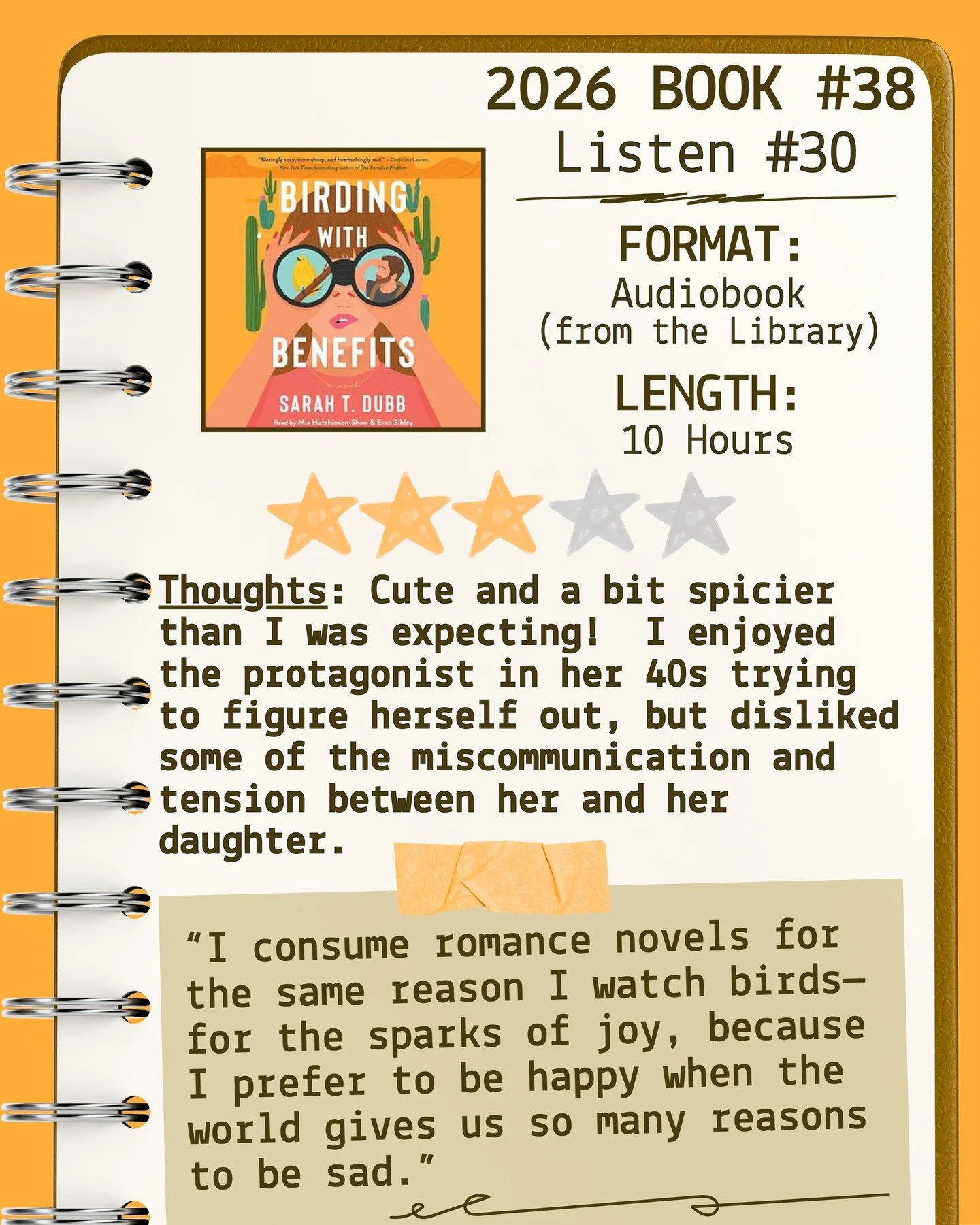 2026 🎧Listen 30/Book 38 - Birding with Benefits by Sarah T. Dubb ⭐️⭐️⭐️

#readallthebooks #omneslibroslegimus #shelfindulgencebookclub #booklover #readmorebooks