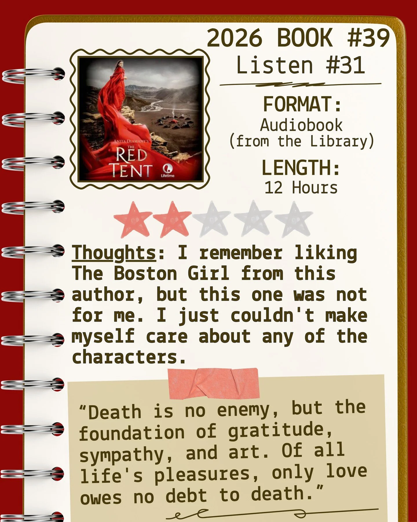 2026 🎧Listen 31/Book 39 - The Red Tent by Anita Diamant ⭐️⭐️

#readallthebooks #omneslibroslegimus #shelfindulgencebookclub #booklover #readmorebooks