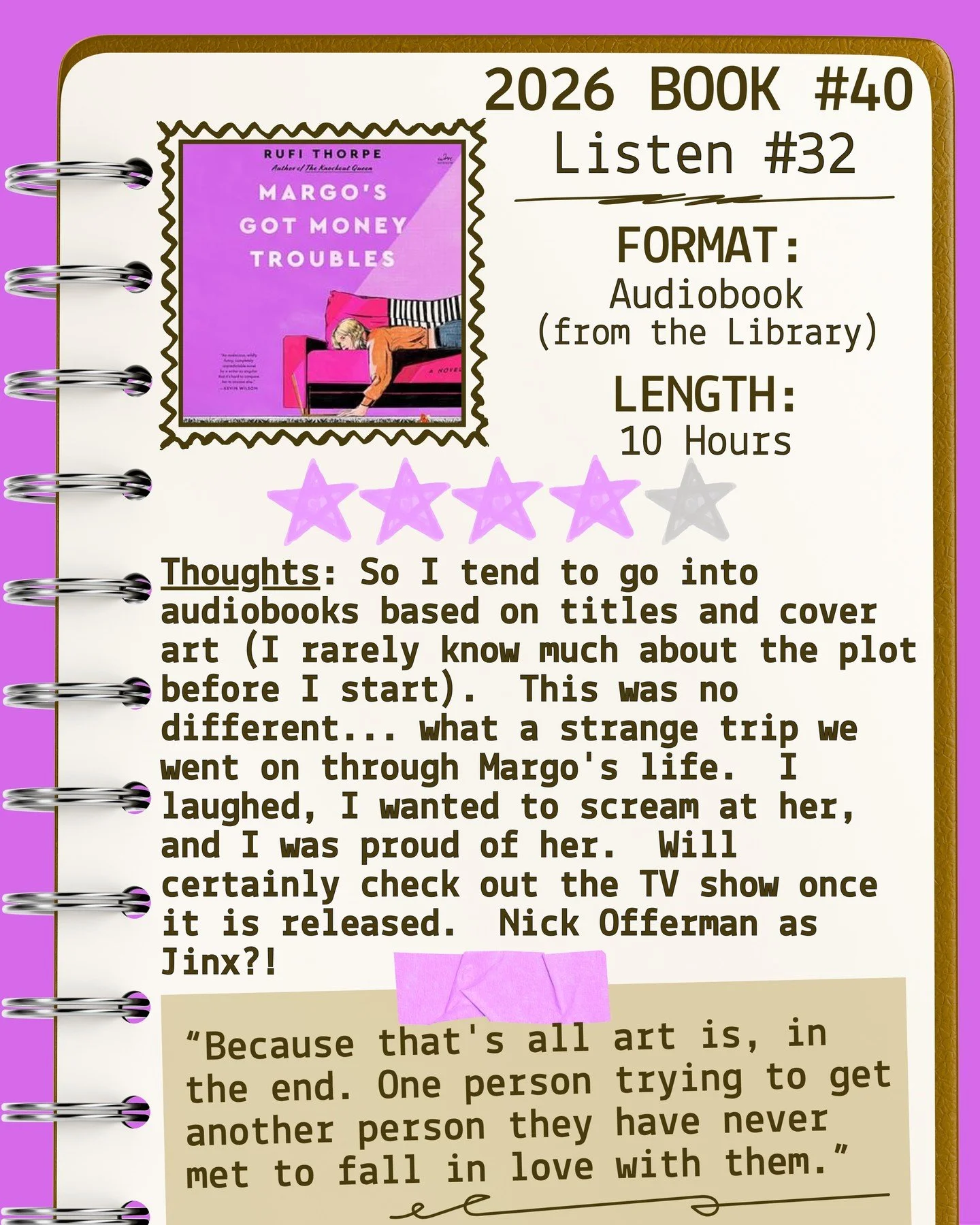 2026 🎧Listen 32/Book 40 - Margo's Got Money Troubles by Rufi Thorpe ⭐️⭐️⭐️⭐️

#readallthebooks #omneslibroslegimus #shelfindulgencebookclub #booklover #readmorebooks
