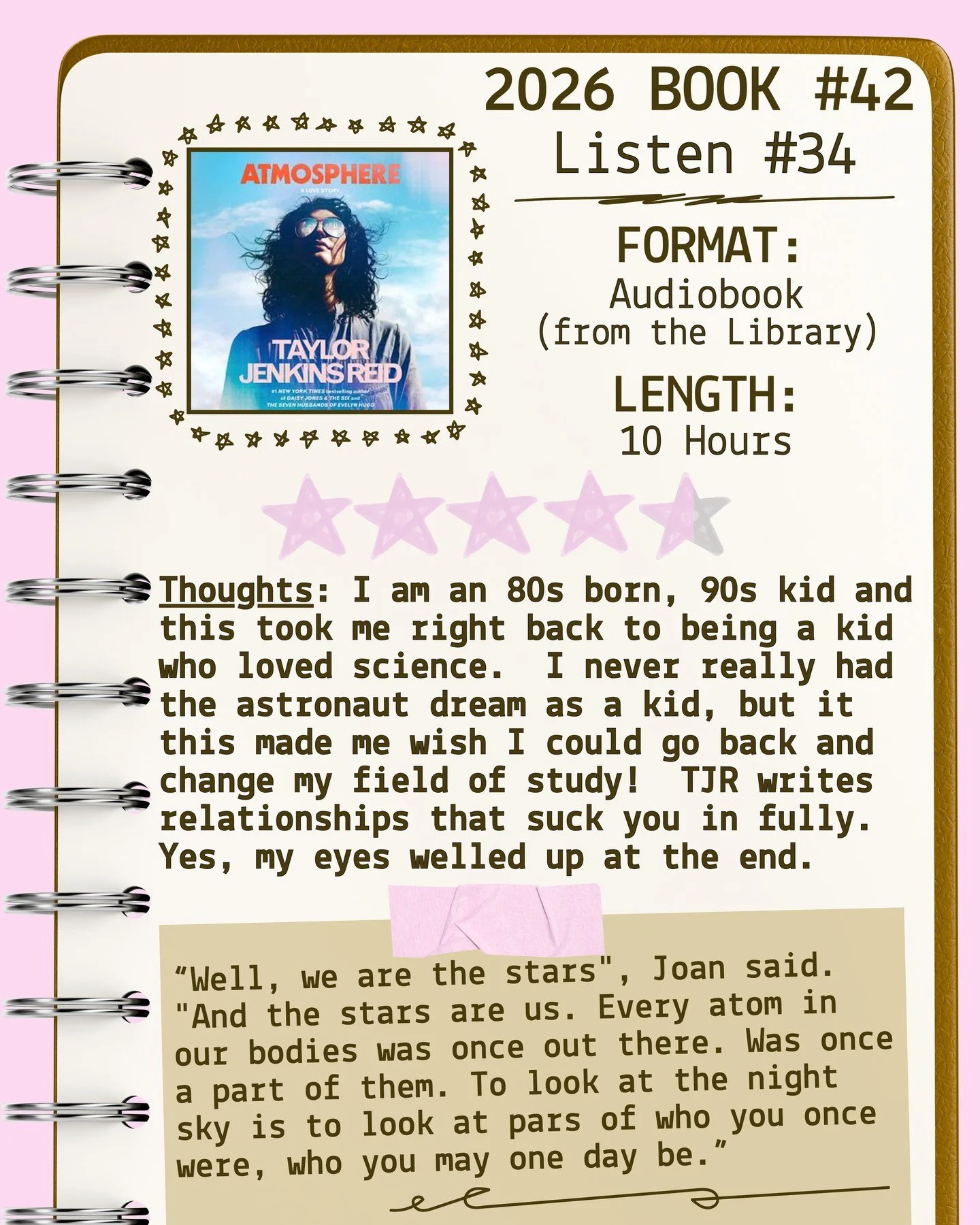 2026 🎧Listen 34/Book 42 - Atmosphere by Taylor Jenkins Reid ⭐️⭐️⭐️⭐️&amp; a half

#readallthebooks #omneslibroslegimus #shelfindulgencebookclub #booklover #readmorebooks