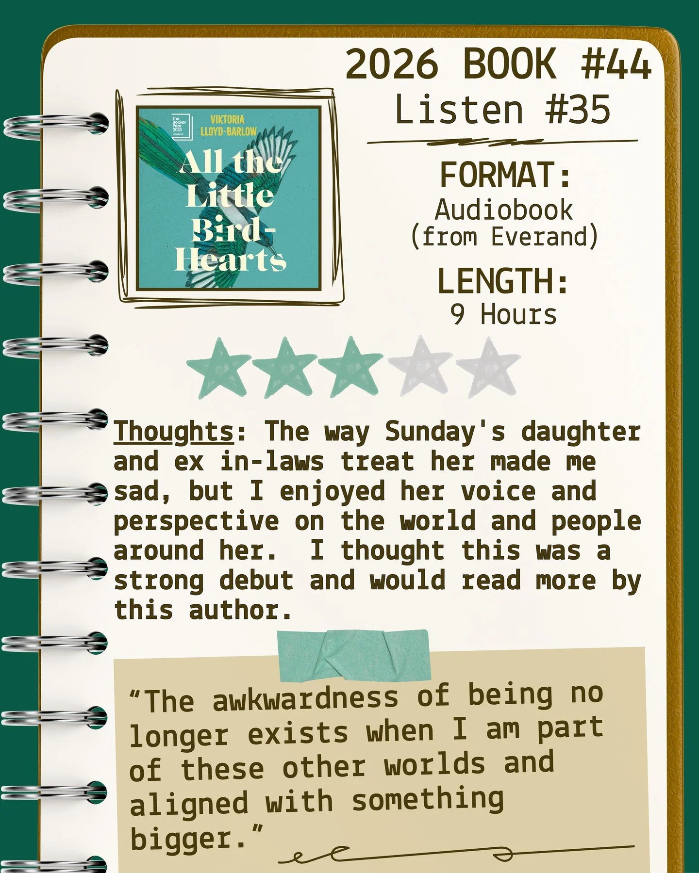 2026 🎧Listen 35/Book 44 - All the Little Bird-Hearts by Viktoria Lloyd-Barlow ⭐️⭐️⭐️

#readallthebooks #omneslibroslegimus #shelfindulgencebookclub #booklover #readmorebooks