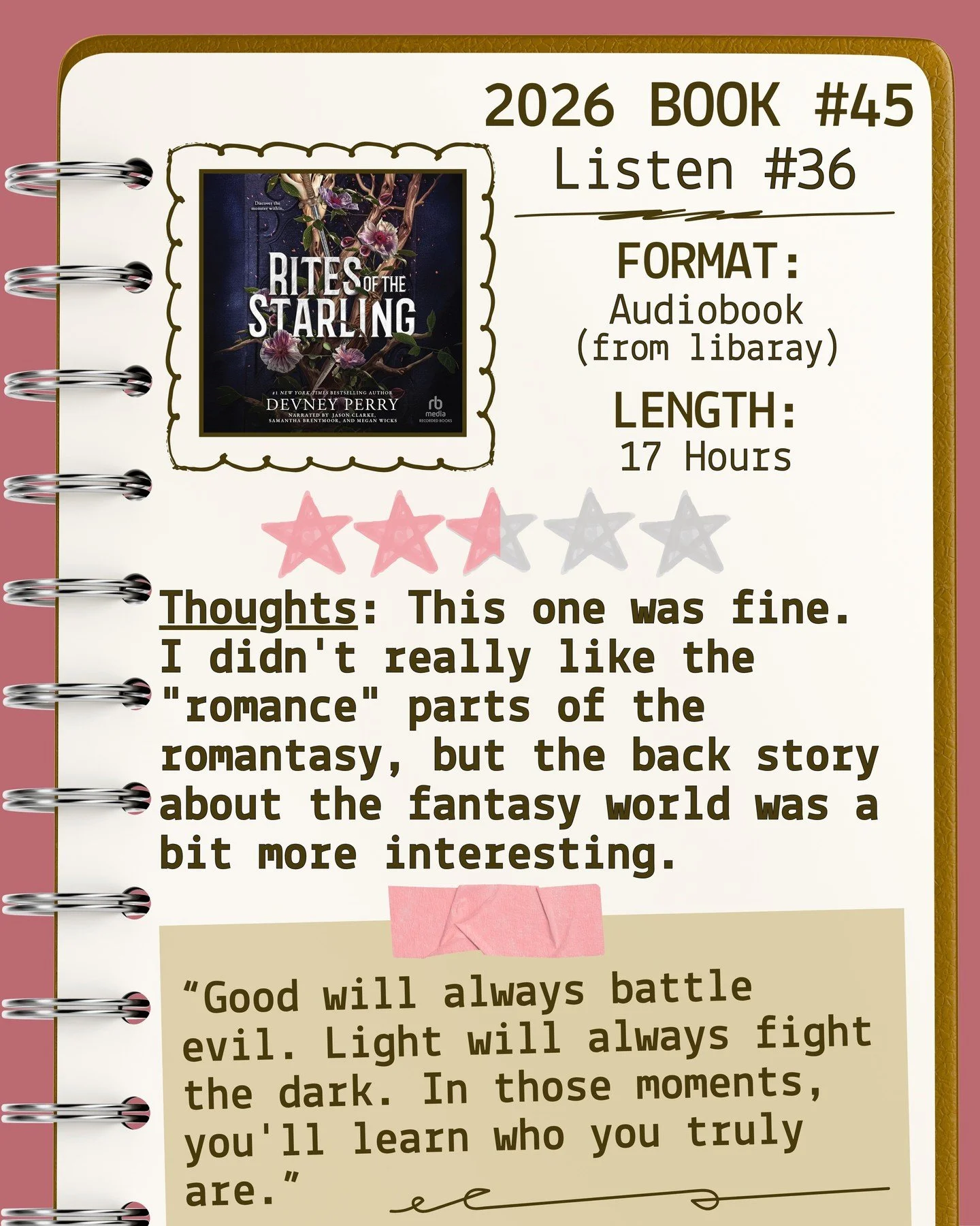 2026 🎧Listen 36/Book 45 - Rites of the Starling by Devney Perry ⭐️⭐️&amp; a half

#readallthebooks #omneslibroslegimus #shelfindulgencebookclub #booklover #readmorebooks