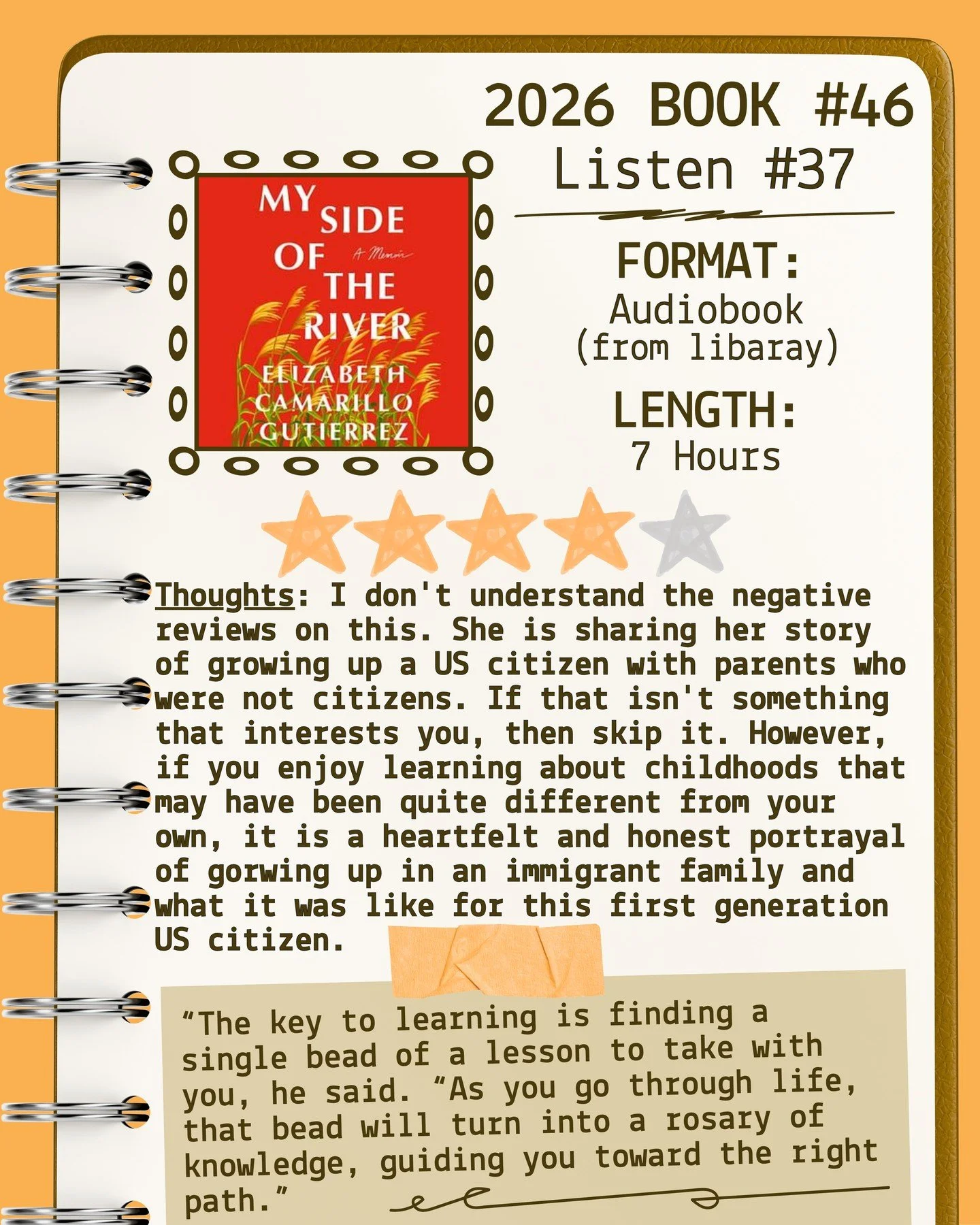 2026 🎧Listen 37/Book 46 - My Side of the River by Elizabeth Camarillo Gutierrez ⭐️⭐️⭐️⭐️

#readallthebooks #omneslibroslegimus #shelfindulgencebookclub #booklover #readmorebooks