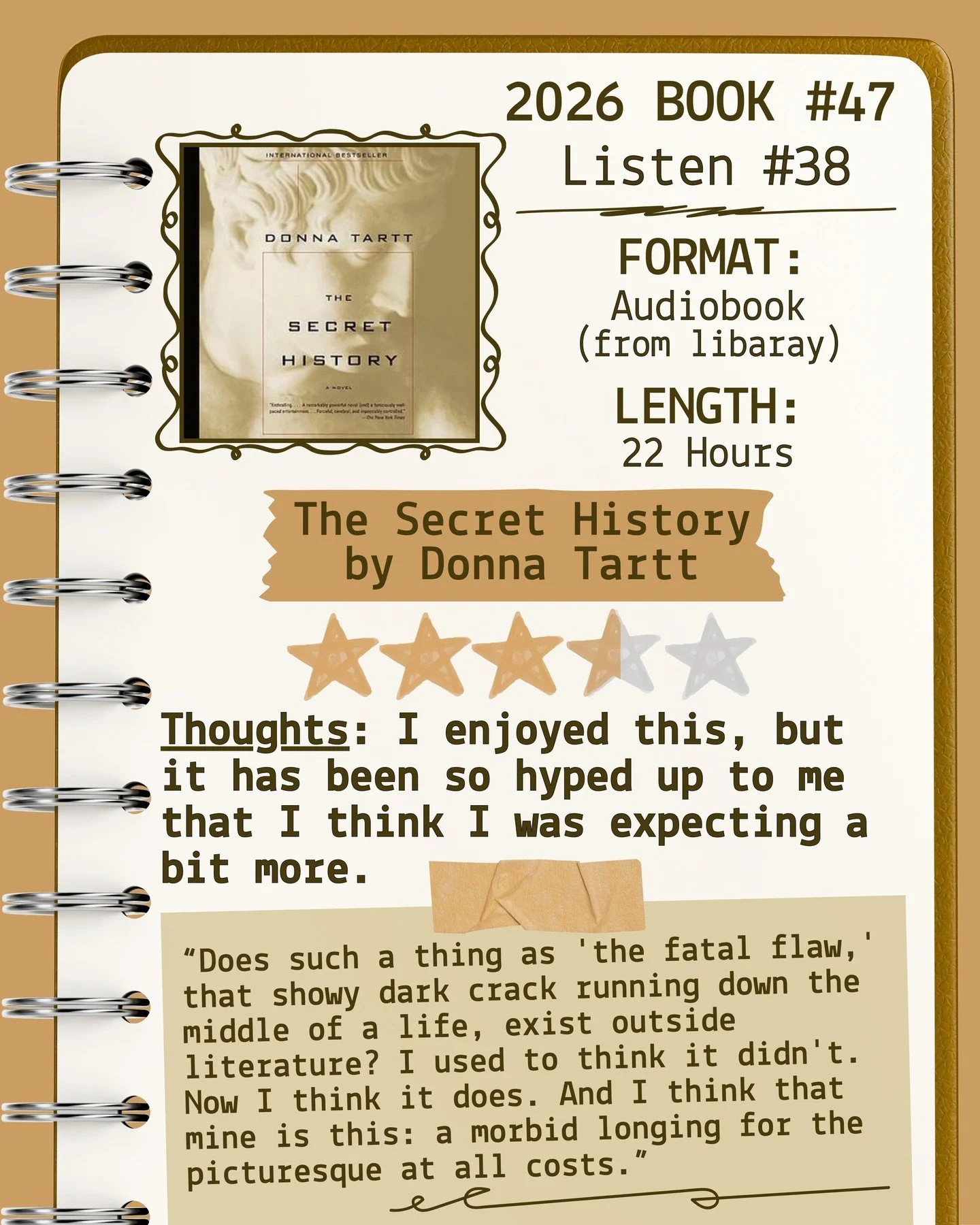 2026 🎧Listen 38/Book 47 - The Secret History by Donna Tartt ⭐️⭐️⭐️ &amp; a half

#readallthebooks #omneslibroslegimus #shelfindulgencebookclub #booklover #readmorebooks