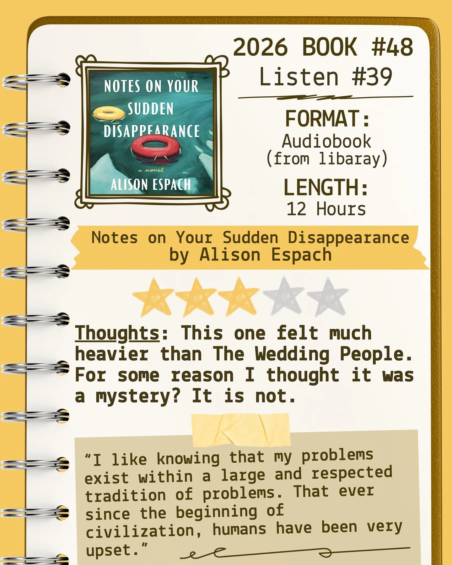 2026 🎧Listen 39/Book 48 - Notes on Your Sudden Disappearance by Alison Espach ⭐️⭐️⭐️

#readallthebooks #omneslibroslegimus #shelfindulgencebookclub #booklover #readmorebooks