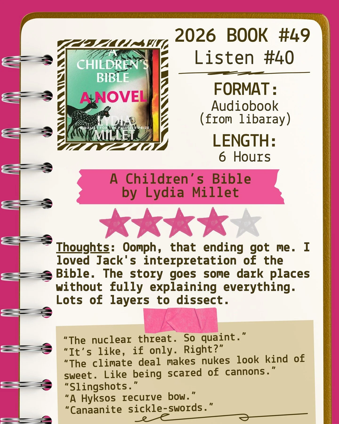 2026 🎧Listen 40/Book 49 - A Children's Bible by Lydia Millet ⭐️⭐️⭐️⭐️

#readallthebooks #omneslibroslegimus #shelfindulgencebookclub #booklover #readmorebooks