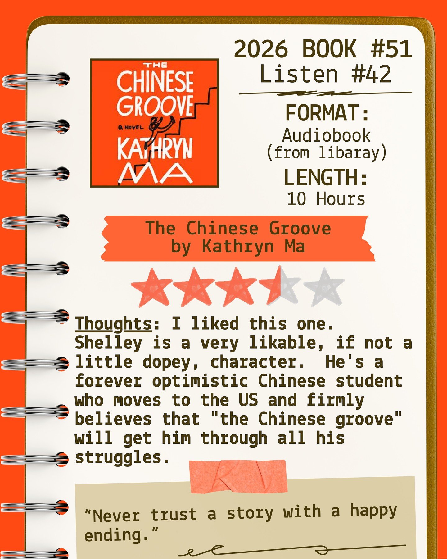2026 🎧Listen 42/Book 51 - The Chinese Groove by Kathryn Ma ⭐️⭐️⭐️ &amp; a half

#readallthebooks #omneslibroslegimus #shelfindulgencebookclub #booklover #readmorebooks