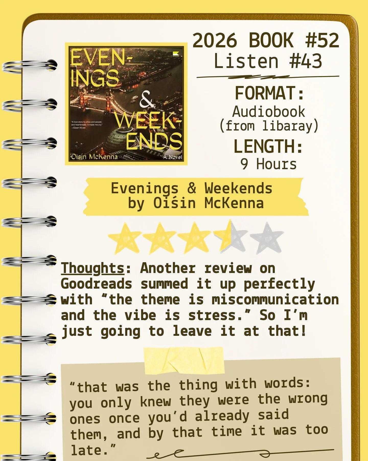 2026 🎧Listen 43/Book 52 - Evenings &amp; Weekends by Oiśin McKenna ⭐️⭐️⭐️ &amp; a half

#readallthebooks #omneslibroslegimus #shelfindulgencebookclub #booklover #readmorebooks