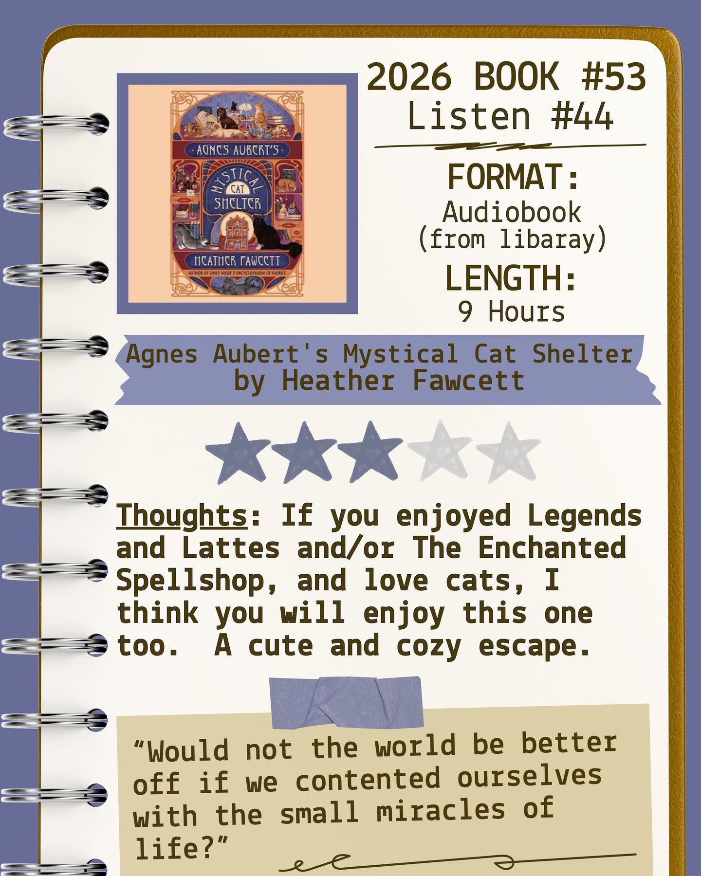 2026 🎧Listen 44/Book 55 - Agnes Auber's Mystical Cat Shelter by Heather Fawcett ⭐️⭐️⭐️ 

#readallthebooks #omneslibroslegimus #shelfindulgencebookclub #booklover #readmorebooks