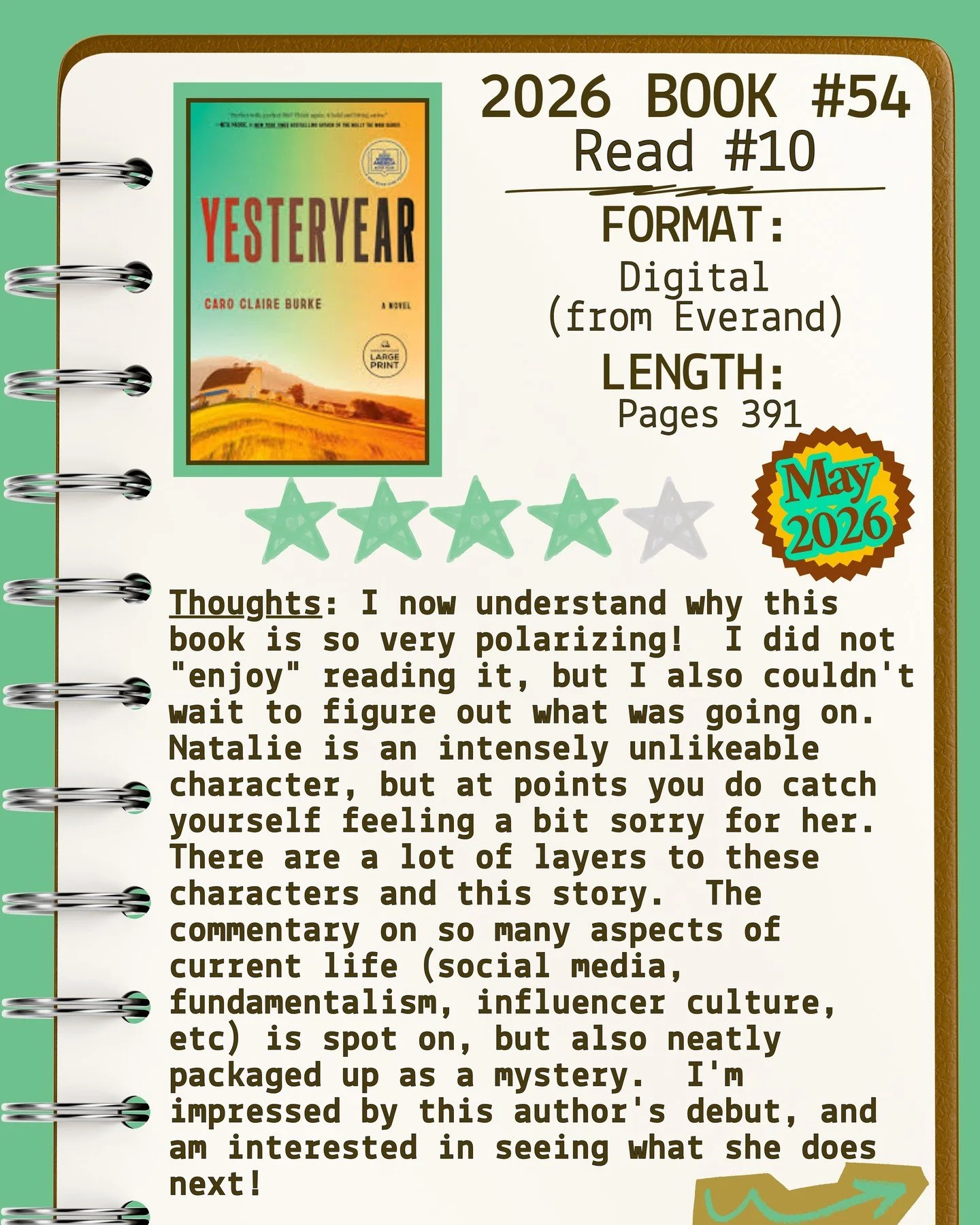 2026 📖 Read 10/Book 54 - Yesteryear by Caro Claire Burke - Shelf Indulgence Book Club May 2026 ⭐️⭐️⭐️⭐️

#readallthebooks #omneslibroslegimus #wereadallthebooks #books #booklovers #read #readers #bookclub #bookclubs #shelfindulgence #shelfindulgence
