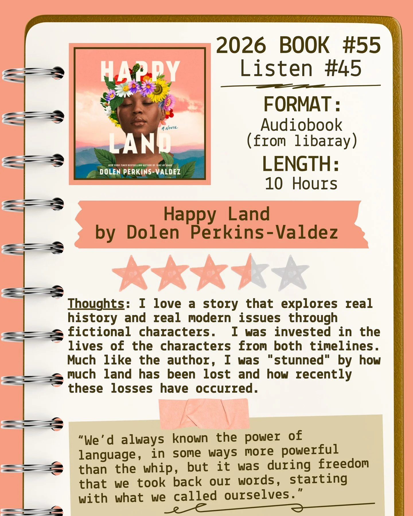 2026 🎧Listen 45/Book 55 - Happy Land by Dolen Perkins-Valdez ⭐️⭐️⭐️&amp; 3/4ths

#readallthebooks #omneslibroslegimus #shelfindulgencebookclub #booklover #readmorebooks
