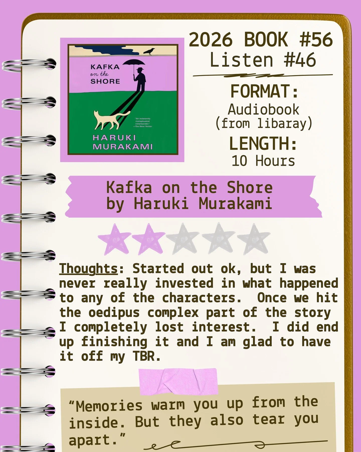 2026 🎧Listen 46/Book 56 - Kafka on the Shore by Haruki Murakami ⭐️⭐️

#readallthebooks #omneslibroslegimus #shelfindulgencebookclub #booklover #readmorebooks