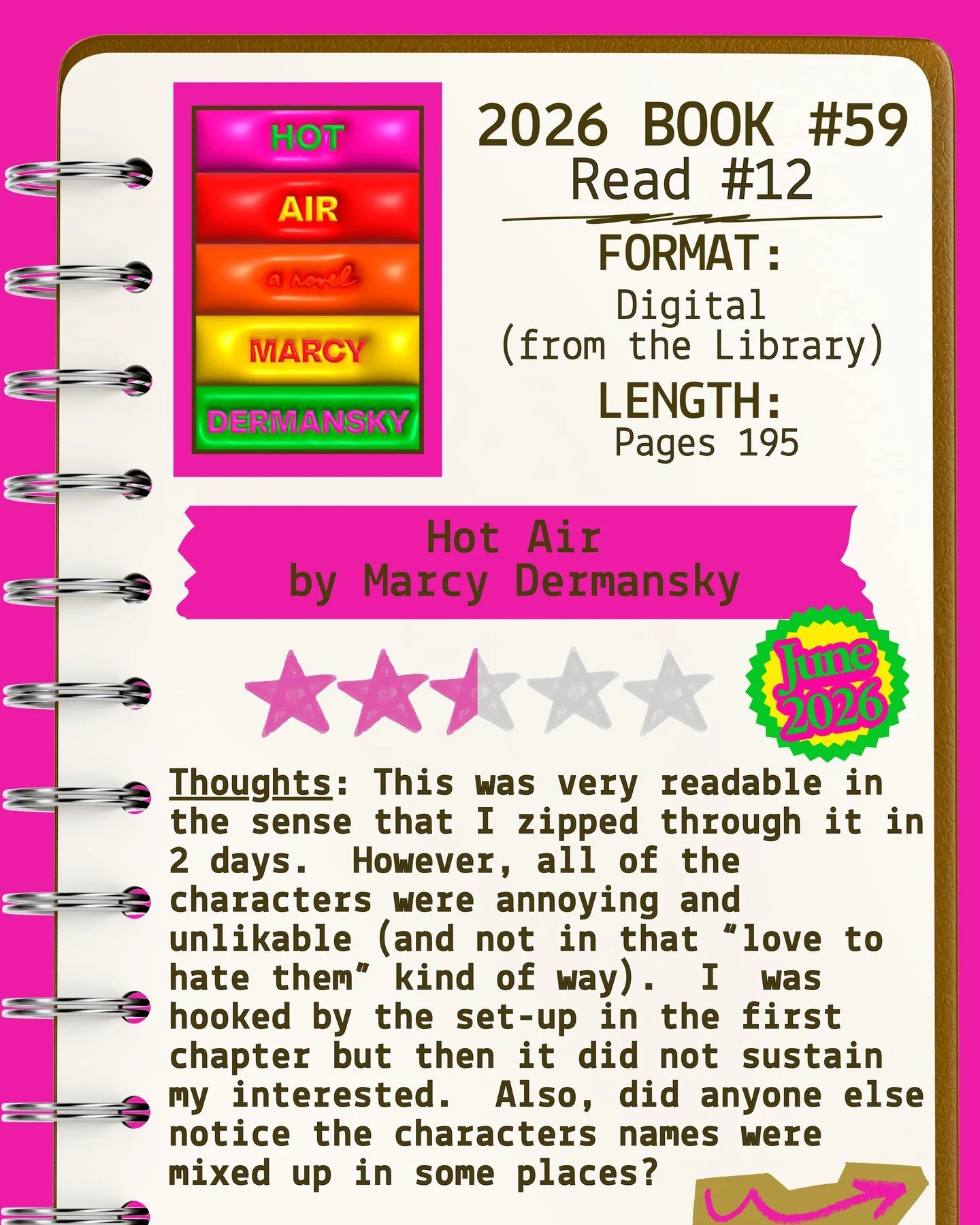 2026 📖 Read 12/Book 59 - Hot Air by Marcy Dermansky - Shelf Indulgence Book Club June 2026 ⭐️⭐️&amp; a half

#readallthebooks #omneslibroslegimus #wereadallthebooks #books #booklovers #read #readers #bookclub #bookclubs #shelfindulgence #shelfindulg