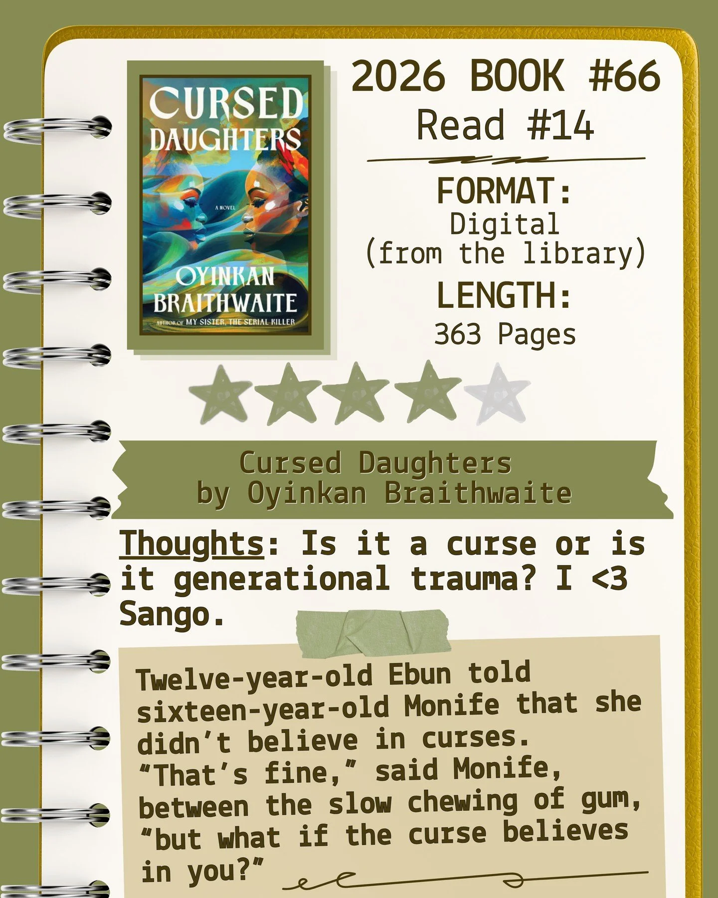 2026 📖 Read 14/Book 66 - Cursed Daughters by Oyinkan Braithwaite ⭐️⭐️⭐️⭐️

#readallthebooks #omneslibroslegimus #wereadallthebooks #books #booklovers #read #readers #bookclub #bookclubs #shelfindulgence #shelfindulgencebookclub #shelfindulgencebookc