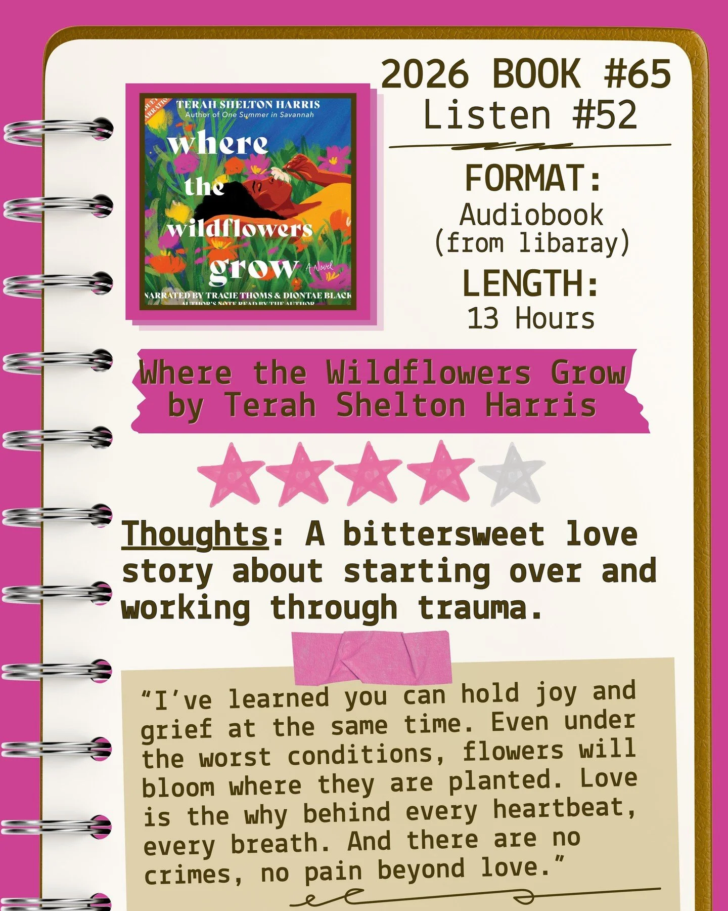 2026 🎧Listen 52/Book 65 - Where the Wildflowers Grow by Terah Shelton Harris ⭐️⭐️⭐️⭐️

#readallthebooks #omneslibroslegimus #shelfindulgencebookclub #booklover #readmorebooks
