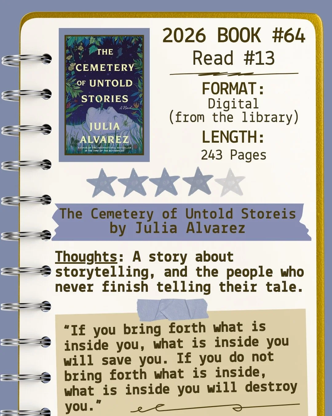 2026 📖 Read 13/Book 64 - The Cemetery of Untold Stories by Julia Alvarez ⭐️⭐️⭐️⭐️

#readallthebooks #omneslibroslegimus #wereadallthebooks #books #booklovers #read #readers #bookclub #bookclubs #shelfindulgence #shelfindulgencebookclub #shelfindulge