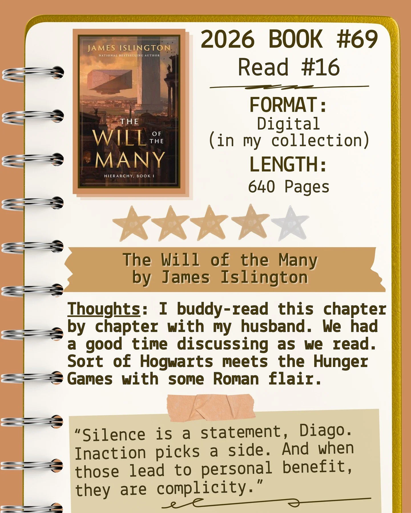 2026 📖 Read 16/Book 69 - The Will of the Many by James Islington (buddy read with @squid.is.ok) ⭐️⭐️⭐️⭐️

#readallthebooks #omneslibroslegimus #wereadallthebooks #books #booklovers #read #readers #bookclub #bookclubs #shelfindulgence #shelfindulgenc