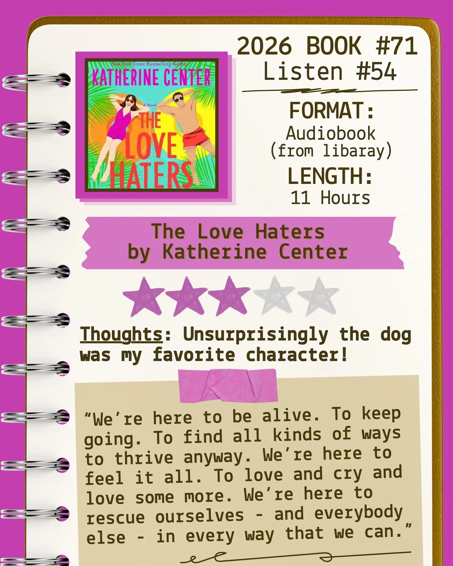 2026 🎧Listen 54/Book 71 - The Love Haters by Katherine Center ⭐️⭐️⭐️

#readallthebooks #omneslibroslegimus #shelfindulgencebookclub #booklover #readmorebooks