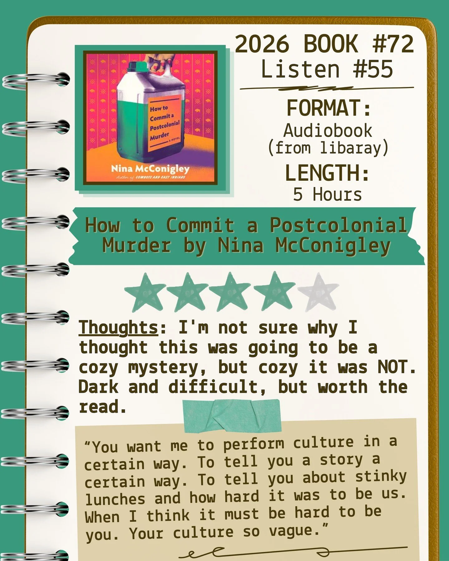 2026 🎧Listen 55/Book 72 - How to Commit a Postcolonial Murder by Nina McConigley ⭐️⭐️⭐️⭐️

#readallthebooks #omneslibroslegimus #shelfindulgencebookclub #booklov