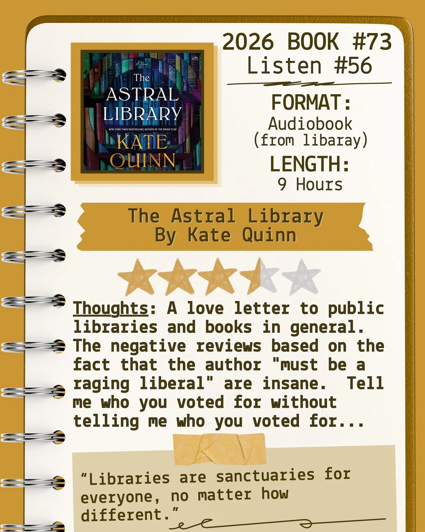2026 🎧Listen 56/Book 73 - The Astral Library by Kate Quinn ⭐️⭐️⭐️&amp; a half

#readallthebooks #omneslibroslegimus #shelfindulgencebookclub #booklover