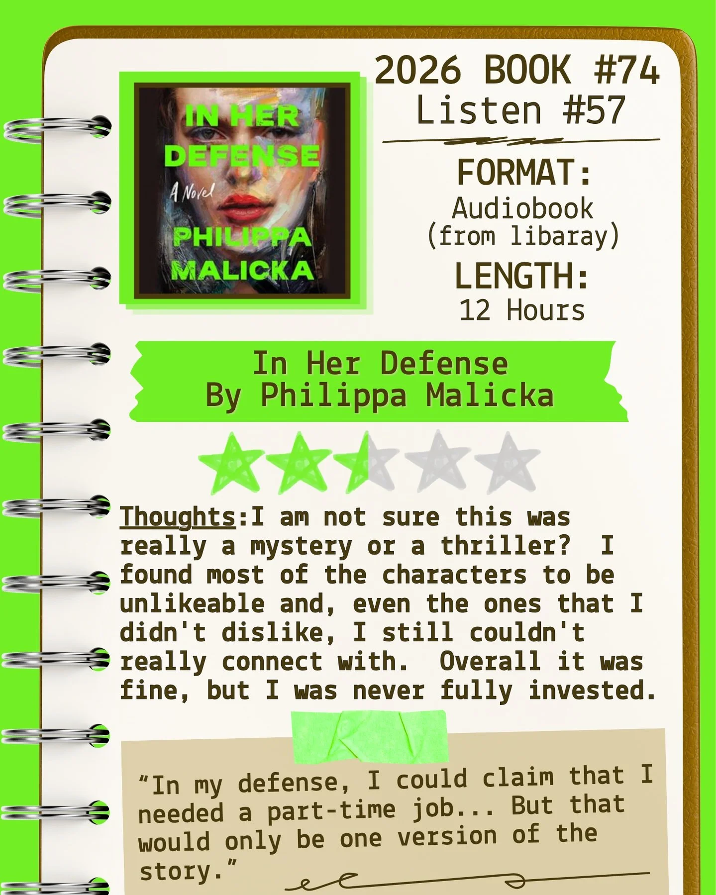 2026 🎧Listen 57/Book 74 - In Her Defense by Philippa Malicka ⭐️⭐️&amp; a half

#readallthebooks #omneslibroslegimus #shelfindulgencebookclub #booklover