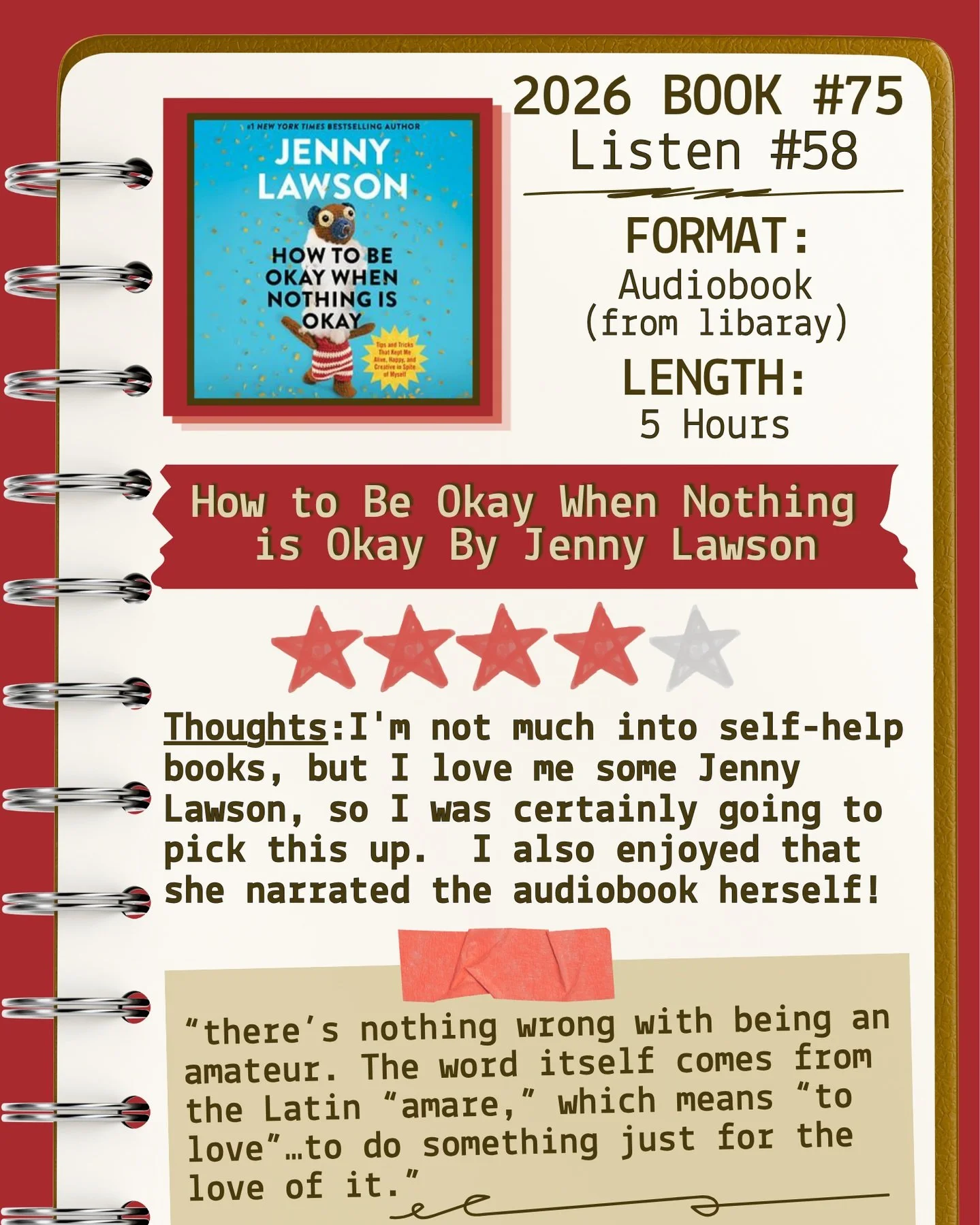 2026 🎧Listen 58/Book 75 - How to be Okay When Nothing is Okay by Jenny Lawson ⭐️⭐️⭐️⭐️

#readallthebooks #omneslibroslegimus #shelfindulgencebookclub #booklover