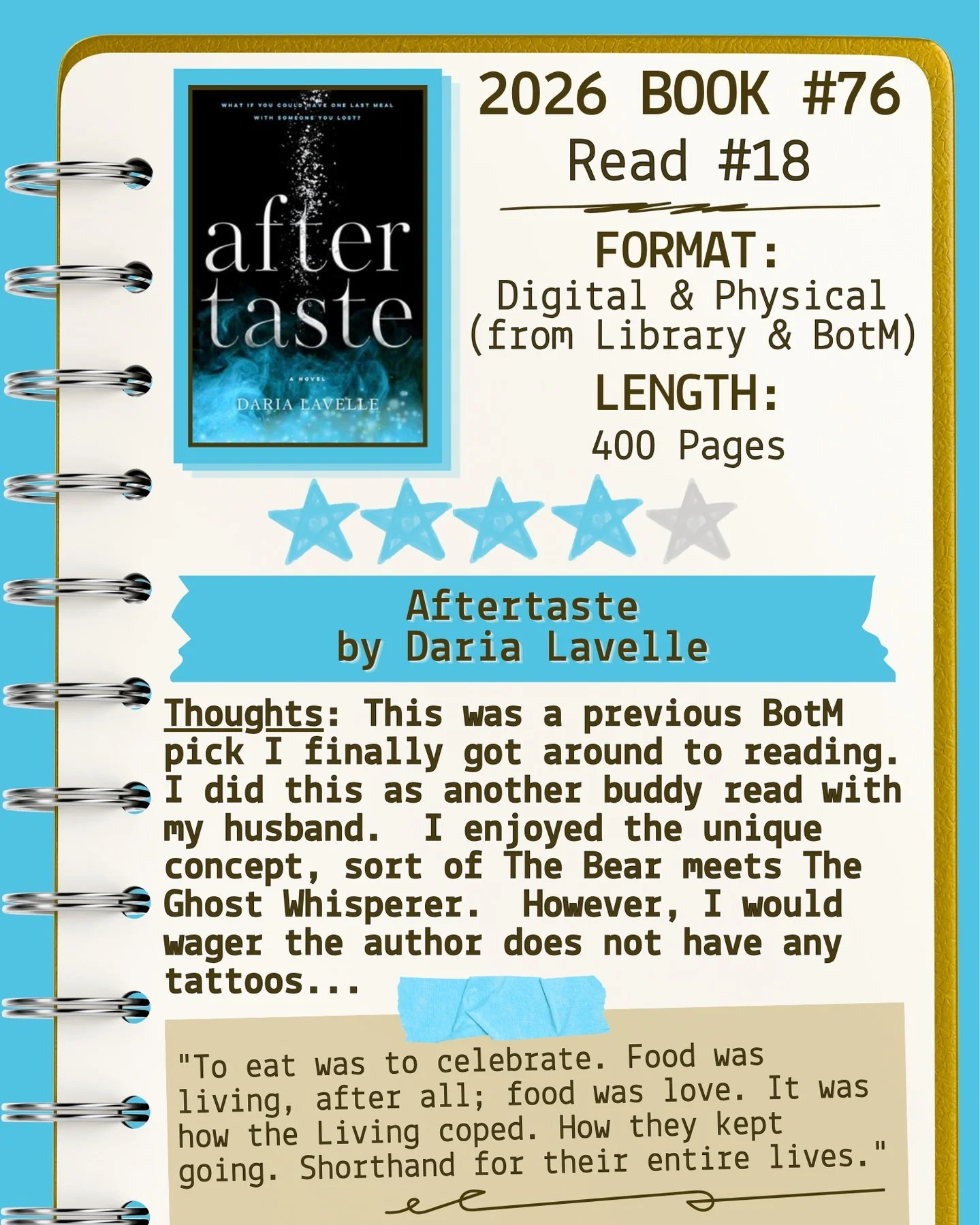 2026 📖 Read 18/Book 76 - Aftertaste by Daria Lavelle ⭐️⭐️⭐️⭐️

#readallthebooks #omneslibroslegimus #wereadallthebooks #books #booklovers #read #readers #bookclub #bookclubs #shelfindulgence #shelfindulgencebookclub #shelfindulgencebookclub2026 #boo
