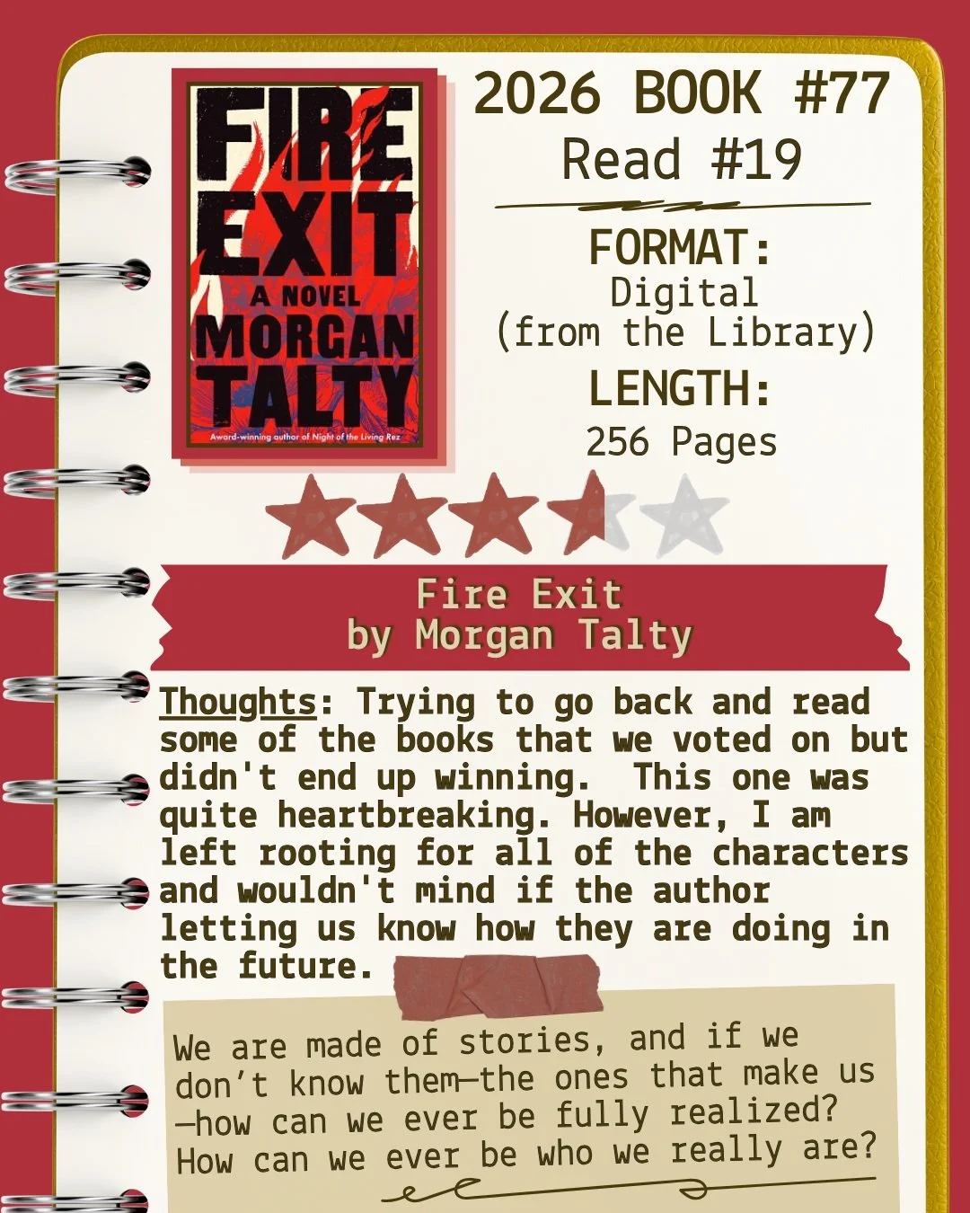 2026 📖 Read 19/Book 77 - Fire Exit by Morgan Talty ⭐️⭐️⭐️&amp; 3/4

#readallthebooks #omneslibroslegimus #wereadallthebooks #books #booklovers #read #readers #bookclub #bookclubs #shelfindulgence #shelfindulgencebookclub #shelfindulgencebookclub2026