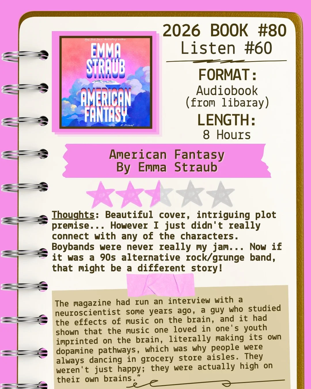 2026 🎧Listen 60/Book 80 - American Fantasy by Emma Straub ⭐️⭐️ &amp; a half

#readallthebooks #omneslibroslegimus #shelfindulgencebookclub #booklover