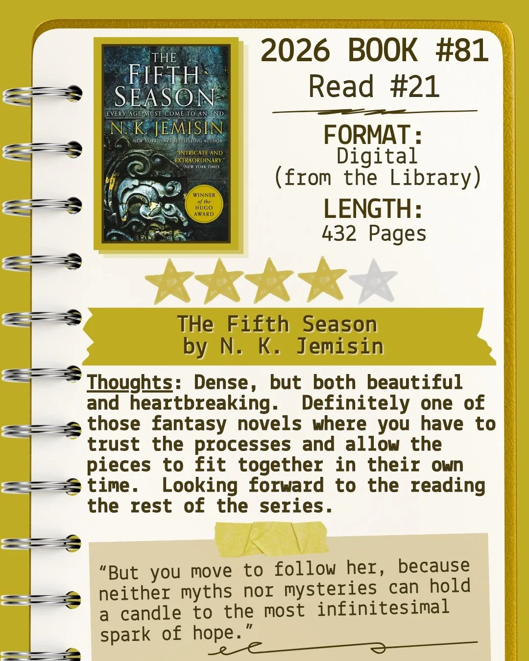 2026 📖 Read 21/Book 81 - The Fifth Season by N. K. Jemisin #readallthebooks #omneslibroslegimus #shelfindulgencebookclub #booklover