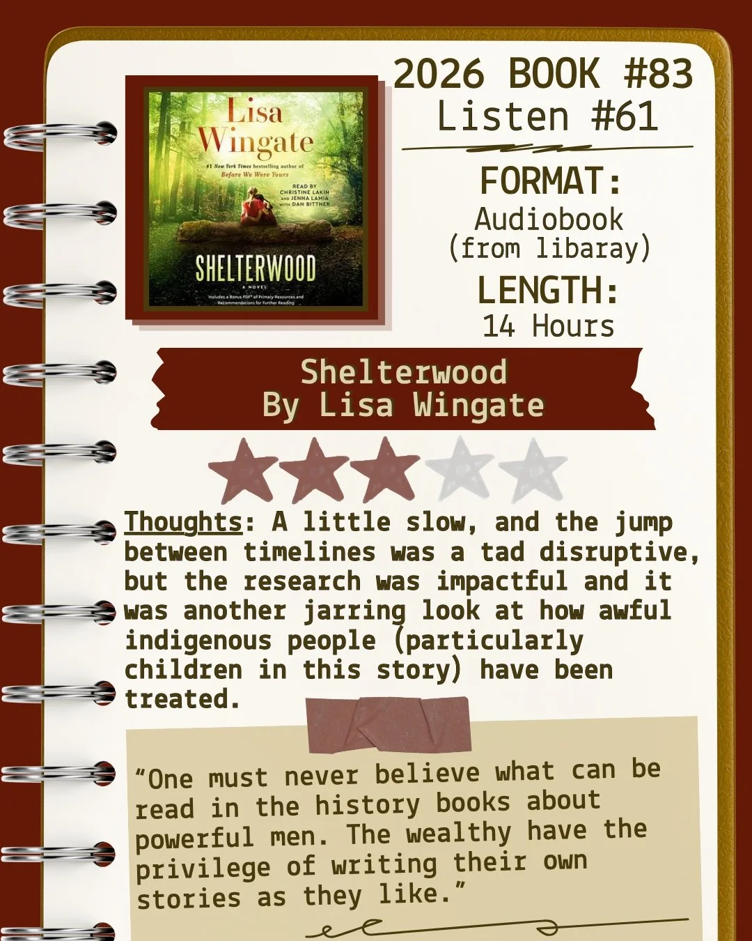 2026 🎧Listen 61/Book 83 - Shelterwood by Lisa Wingate ⭐️⭐️⭐️

#readallthebooks #omneslibroslegimus #shelfindulgencebookclub #booklover