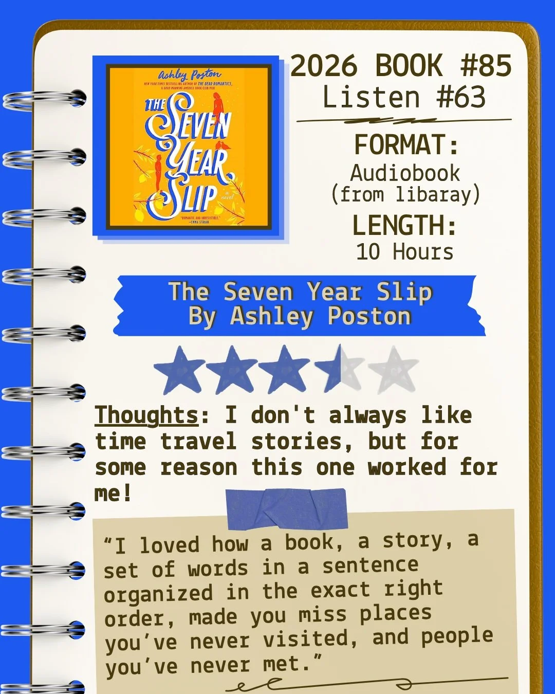 2026 🎧Listen 63/Book 85 - The Seven Year Slip by Ashley Poston ⭐️⭐️⭐️
&amp; a half

#readallthebooks #omneslibroslegimus #shelfindulgencebookclub #booklover