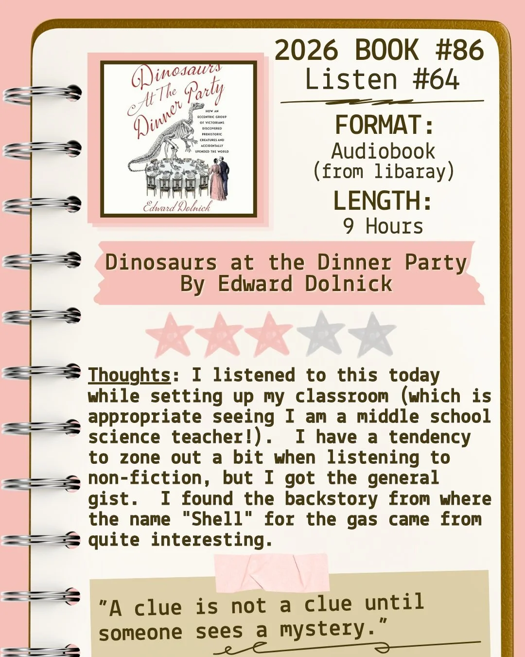 2026 🎧Listen 64/Book 86 - Dinosaurs at the Dinner Party by Edward Dolnick ⭐️⭐️⭐️

#readallthebooks #omneslibroslegimus #shelfindulgencebookclub #booklover