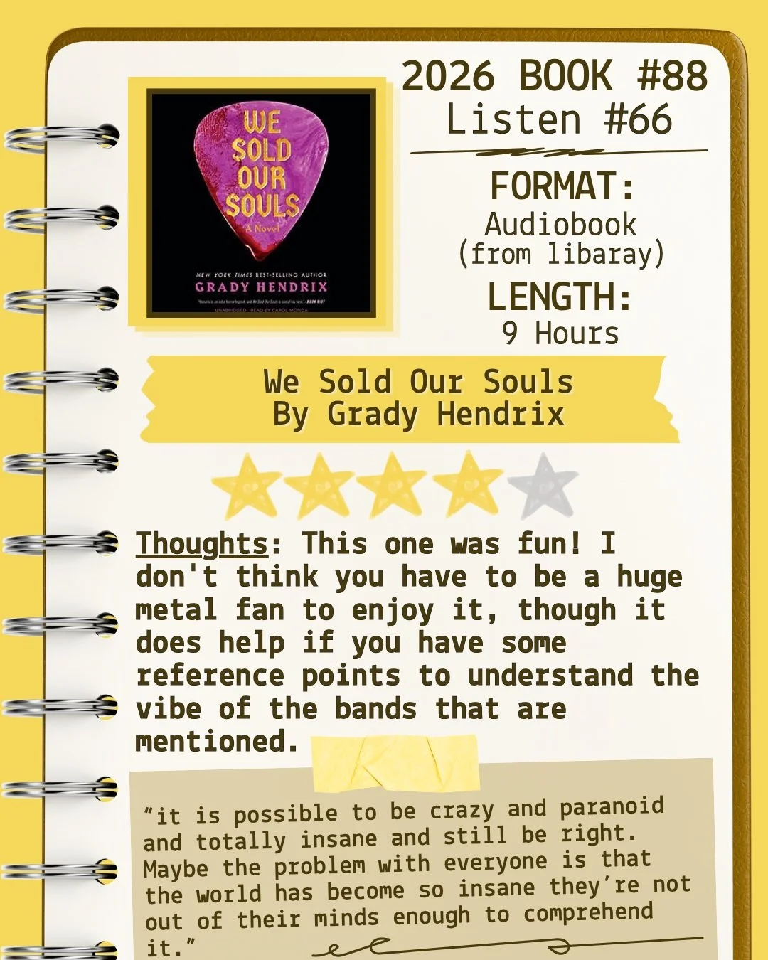 2026 🎧Listen 66/Book 88 - We Sold Our Souls by Grady Hendrix ⭐️⭐️⭐️⭐️

#readallthebooks #omneslibroslegimus #shelfindulgencebookclub #booklover