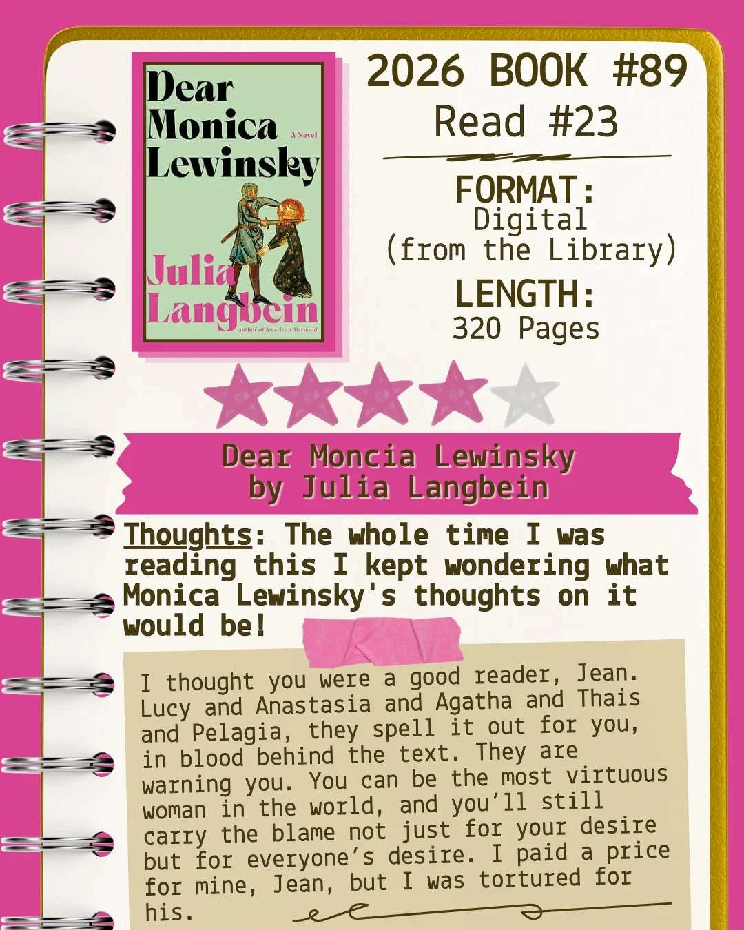 2026 📖 Read 23/Book 89 -Dear Monica Lewinsky by Julia Langbein ⭐️⭐️⭐️⭐️ 

#readallthebooks #omneslibroslegimus #shelfindulgencebookclub #booklover