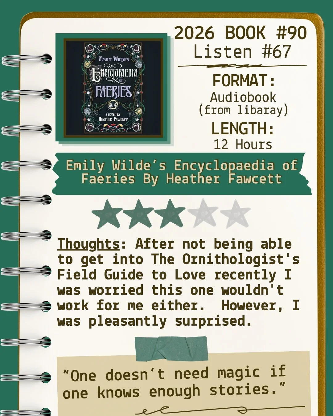 2026 🎧Listen 67/Book 90 - Emily Wilde's Encyclopedia of Faeries by Heather Fawcett ⭐️⭐️⭐️

#readallthebooks #omneslibroslegimus #shelfindulgencebookclub #booklover
