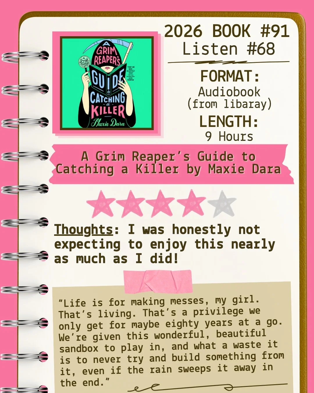 🎧Listen 68/Book 91 - A Grim Reapers Guide to Catching a Killer by Maxie Dara ⭐️⭐️⭐️⭐️

#readallthebooks #omneslibroslegimus #shelfindulgencebookclub #booklover