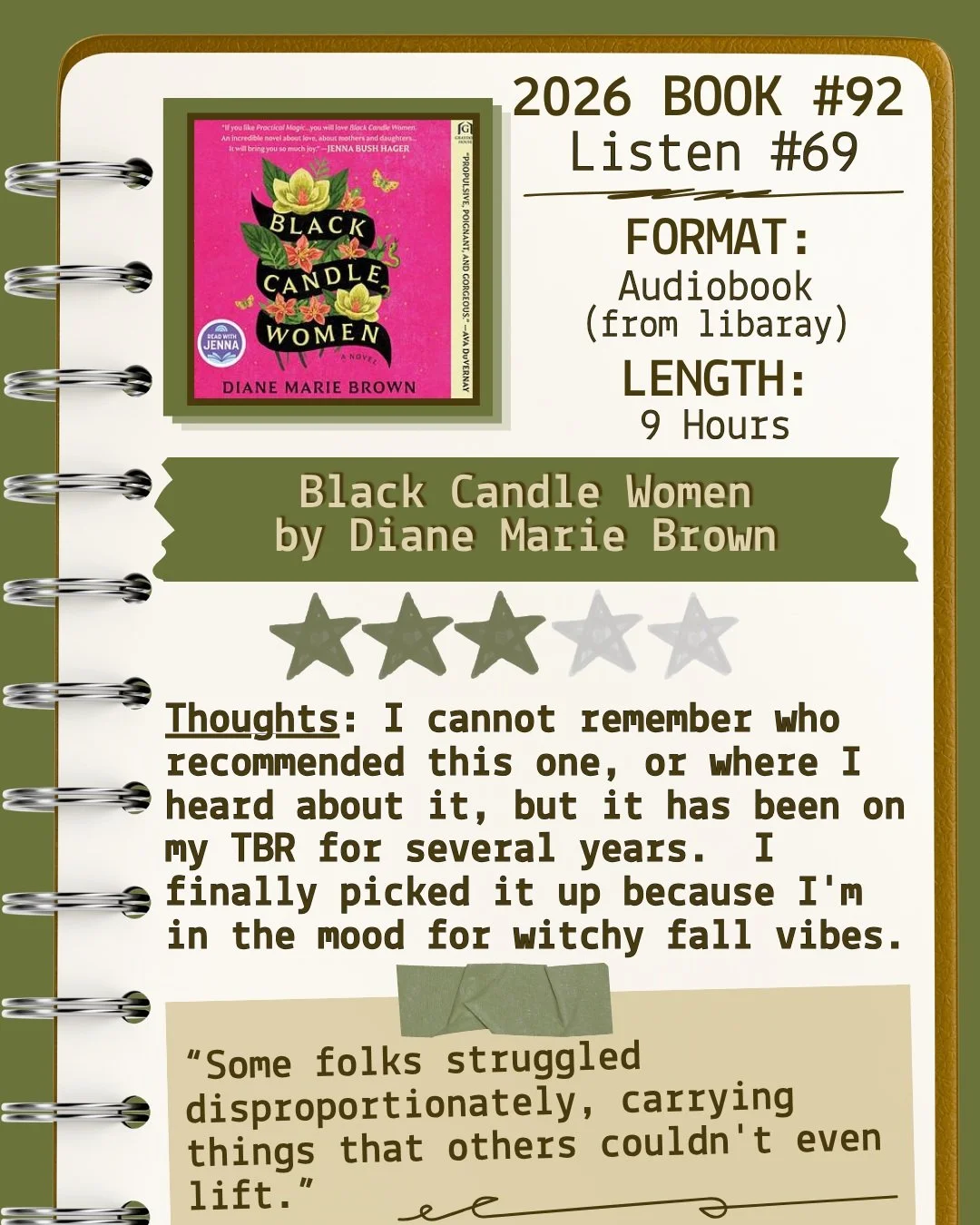 🎧Listen 69/Book 92 - Black Candle Women by Diane Marie Brown ⭐️⭐️⭐️

#readallthebooks #omneslibroslegimus #shelfindulgencebookclub #booklover