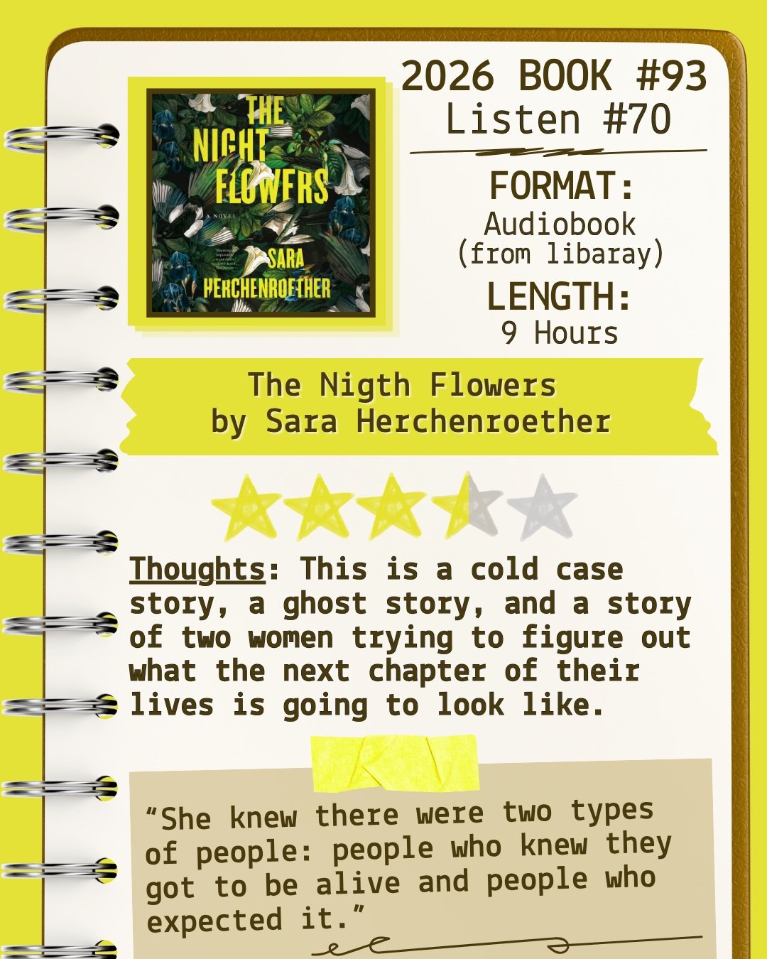🎧Listen 70/Book 93 - The Night Flowers by Sara Herchenroether ⭐️⭐️⭐️ &amp; a half

#readallthebooks #omneslibroslegimus #shelfindulgencebookclub #booklover