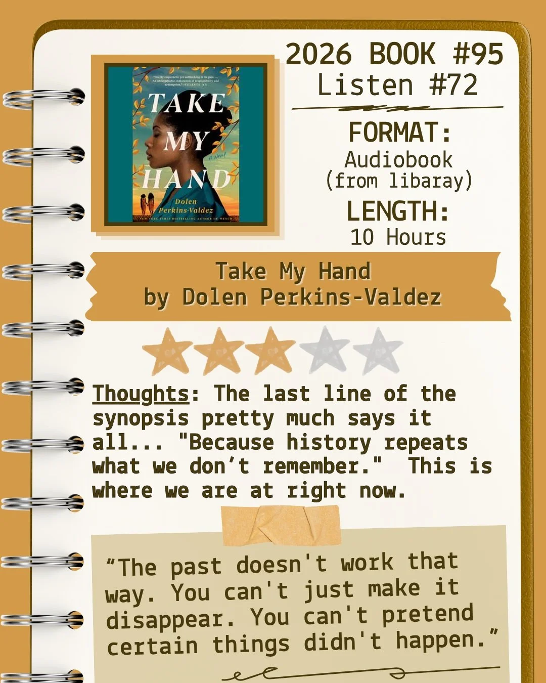 🎧Listen 72/Book 95 - Take My Hand by Dolen Perkins-Valdez ⭐️⭐️⭐️

#readallthebooks #omneslibroslegimus #shelfindulgencebookclub #booklover