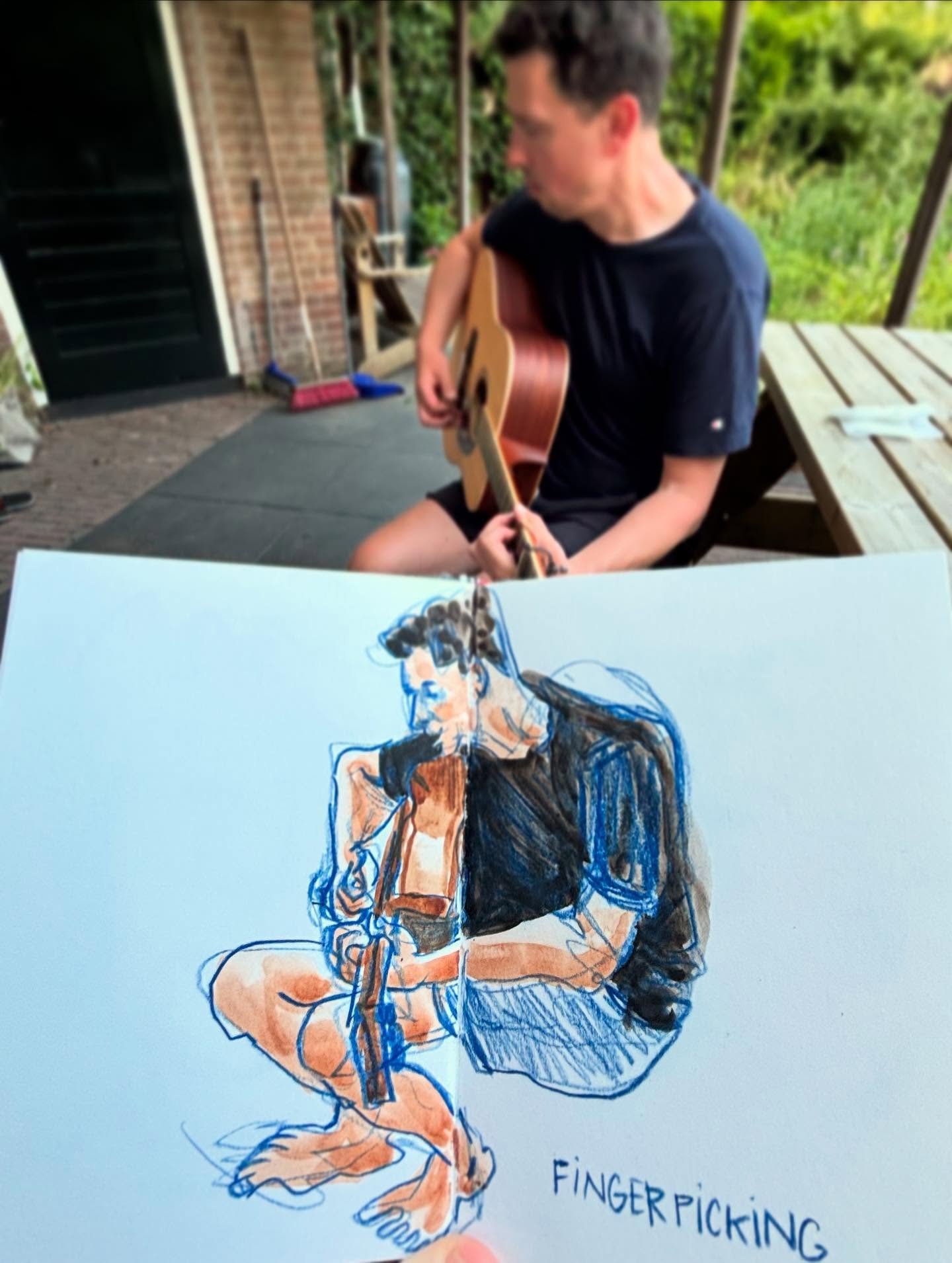 After dinner is a great time to open your sketchbook. Apparently it&rsquo;s also a great time for some finger picking on the guitar. Well, isn&rsquo;t that convenient! 

What after-dinner event could you capture in your sketchbook? 

Materials used:
