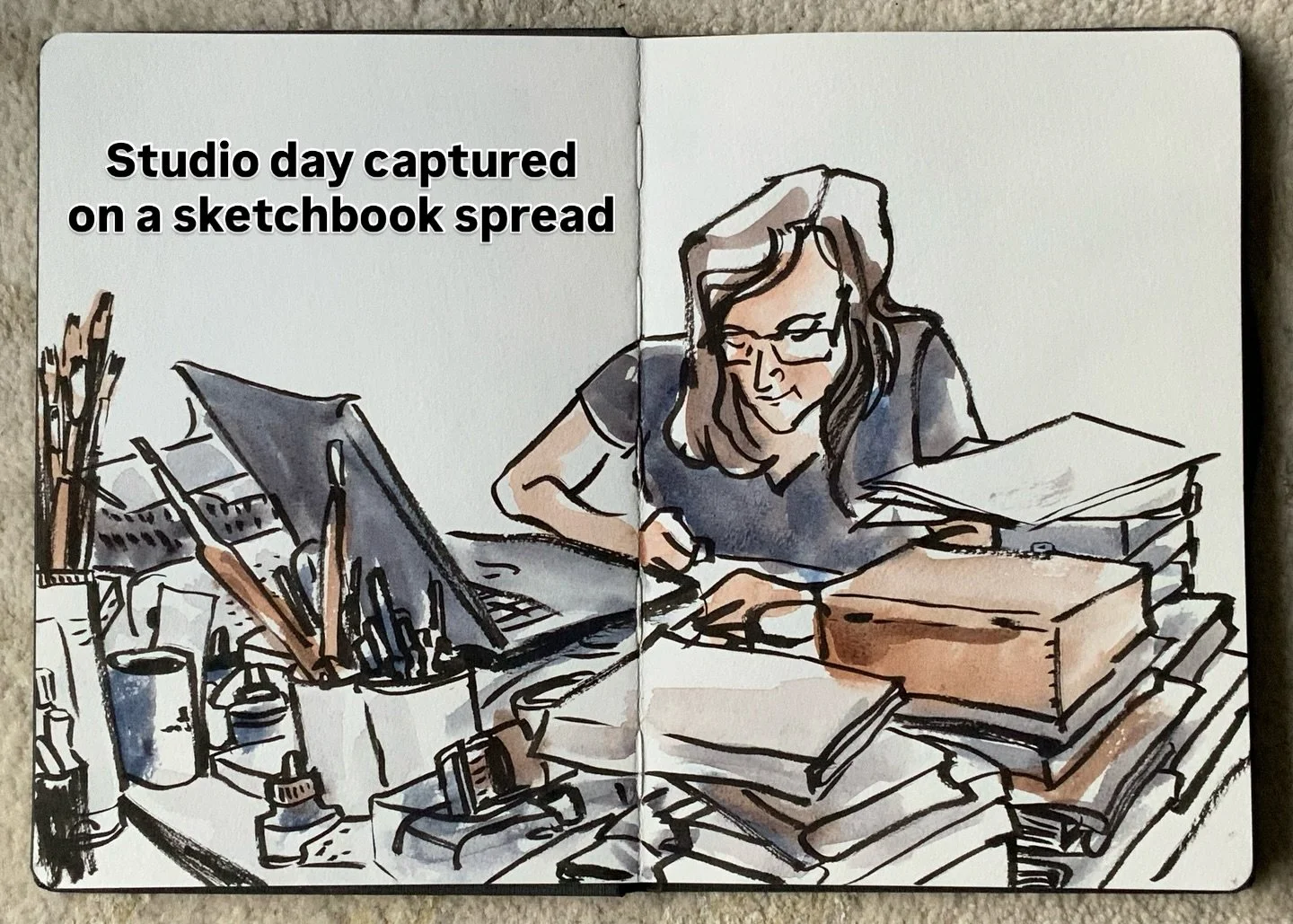 A friend who needs an accountability partner to get the work done for a big project she&rsquo;s working on, captured in my sketchbook. We schedule studio days for focus work. I come over with my laptop. We talk about our progress and goals and get to