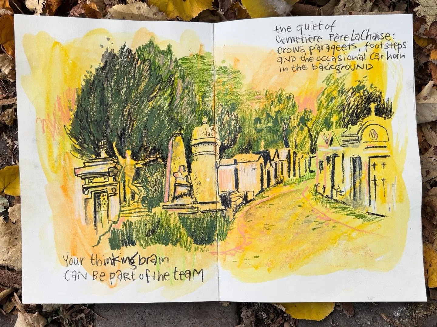 The days are full and flying by!
But today was another really good Paris Sketchbook workshop day.

This afternoon we sketched at cemetery P&egrave;re-LaChaise with the group. 
We&rsquo;ve been lucky all week, because every day after class indoors, th