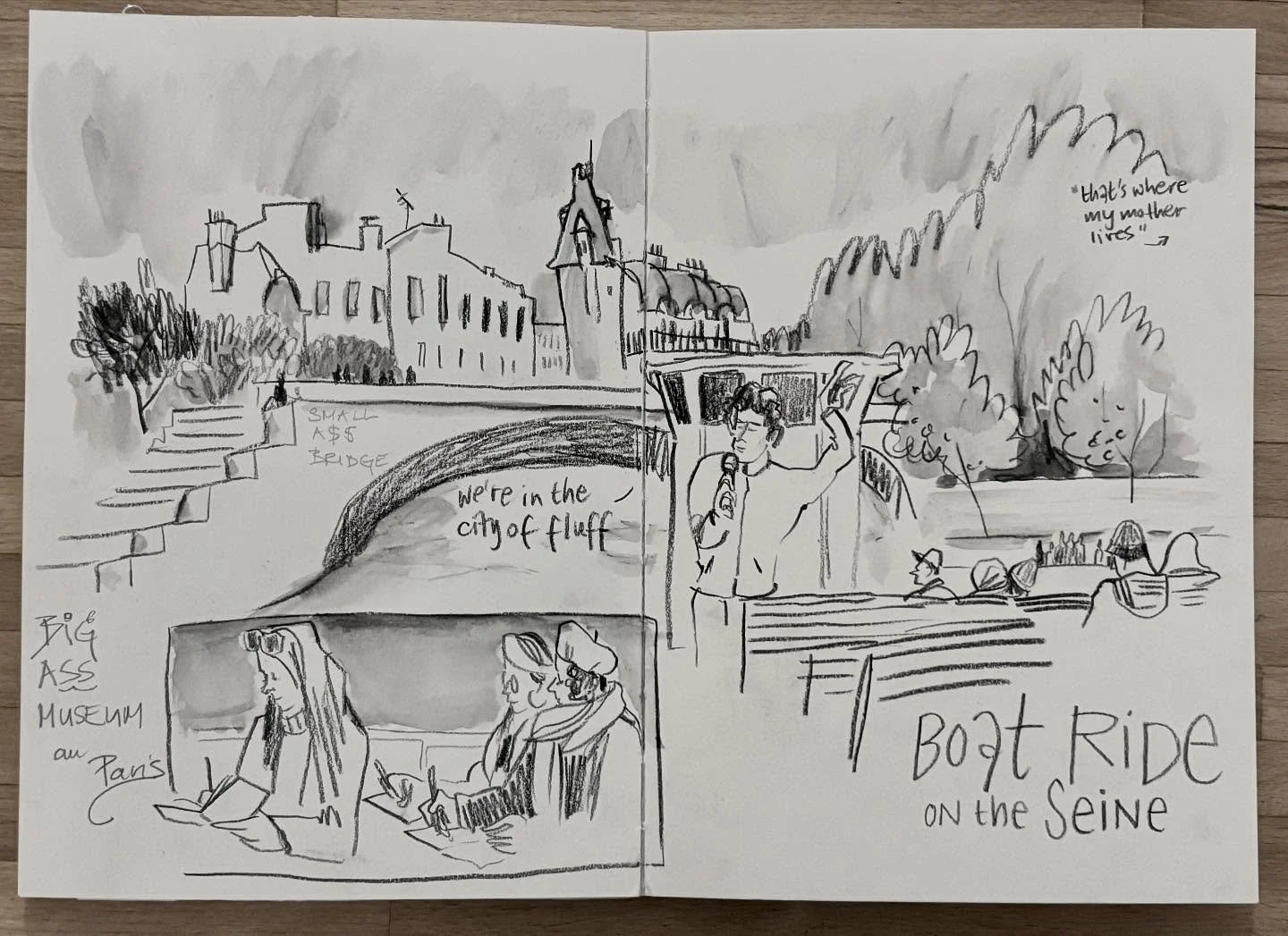 After another fun workshop day of Paris Sketchbook, which I co-lead with @cynthiamorris and @marcus.mcallister.artist , we took the group for a boat ride on the river Seine. 
It&rsquo;s great to see the city from the water and sketch. 

Our guide had