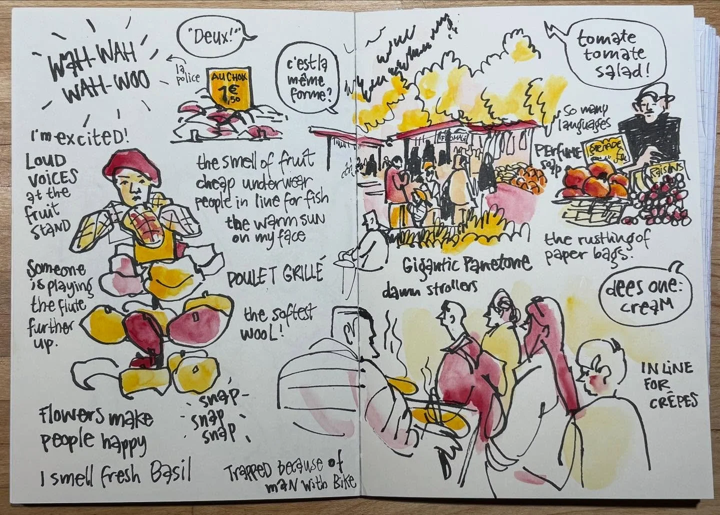 Last day of the Paris Sketchbook workshop!
We started at the Bastille market, where we captured all the senses in our sketchbooks. 
These are my pages. I completely forgot to take pictures of the Throwdown after. 

The afternoon was all about looking