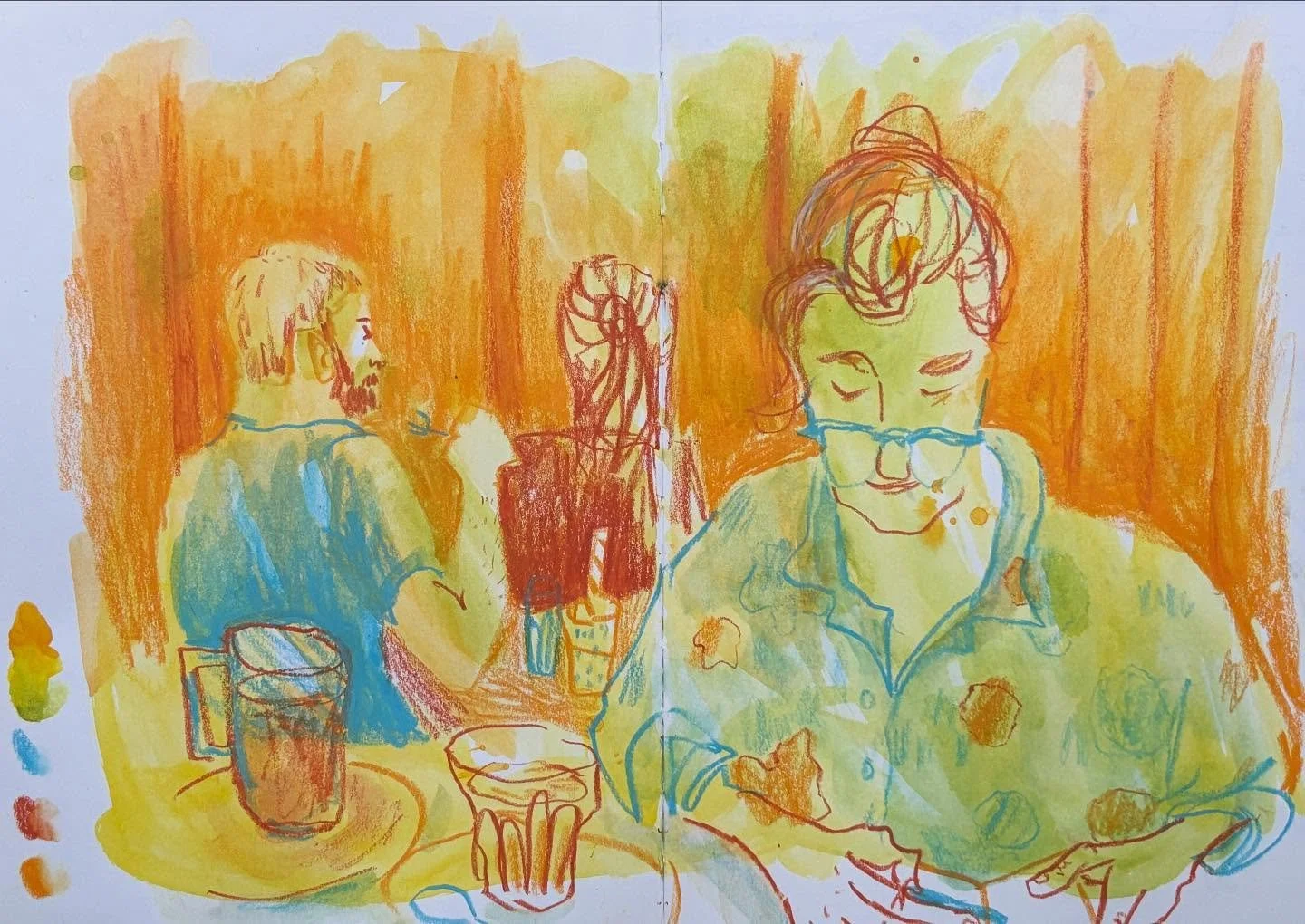 Lately I&rsquo;ve been enjoying the surprises that crayons bring me in my sketchbook. 

Started out with a yellow/greenish watercolor wash. While that was still a bit damp, I started coloring around the shapes (negative spaces), with watersoluble cra