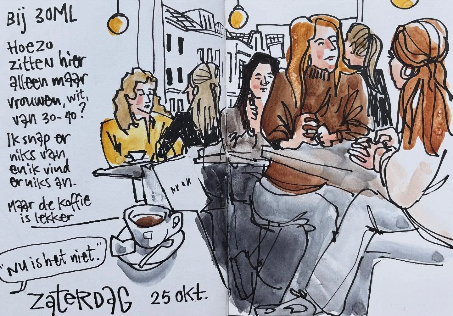A coffee stop between errands in town. Post workout, post post office, pre supermarket. 

Drawing people and their surroundings, while sipping coffee, is one of my favorite things to do. 

I haven&rsquo;t always felt confident when drawing people. I 