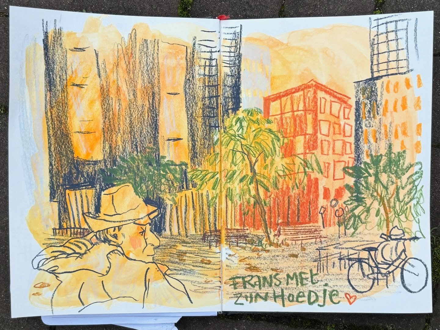 After lunch with dear friends, my sweet dessert was sketching with my dad @koenefrans , side by side on a bench. We played with colorful crayons, and giggled our way through our drawings. I forgot to take a photo of the drawing he did, but he did ass