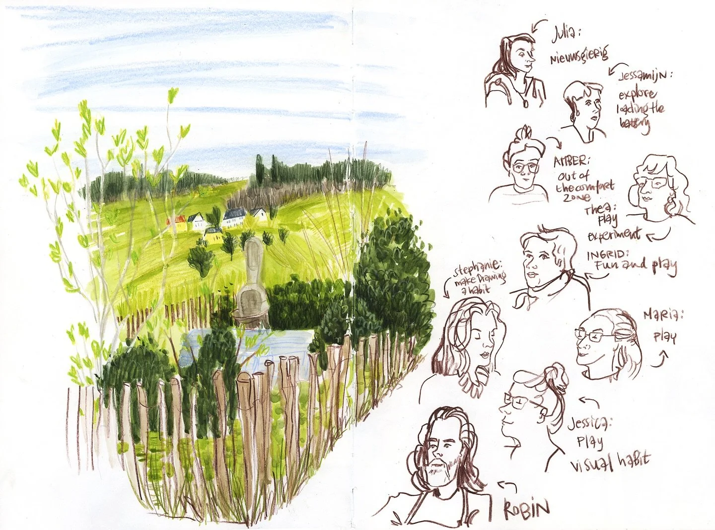 A few pages from my sketchbook; nature and people. I love being surrounded by nature, and stomping through the woods! And I&rsquo;m excited that next June, I will be teaching at @machershaus_waldecken10 again! It&rsquo;s not just about drawing (surro